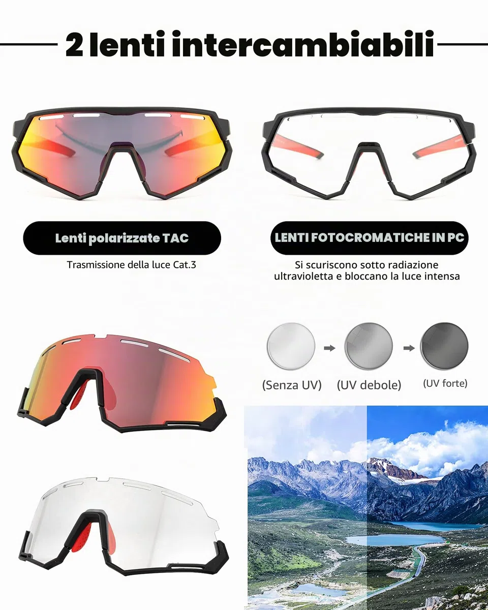 ROCKBROS Occhiali da Sole Ciclismo, Occhiali Sportivi Multifunzionali, Lenti Intercmbiabili Polarizzate & Fotocromatiche, Uomo Donna, Adatto per Bici, MTB, Corsa, Pesca