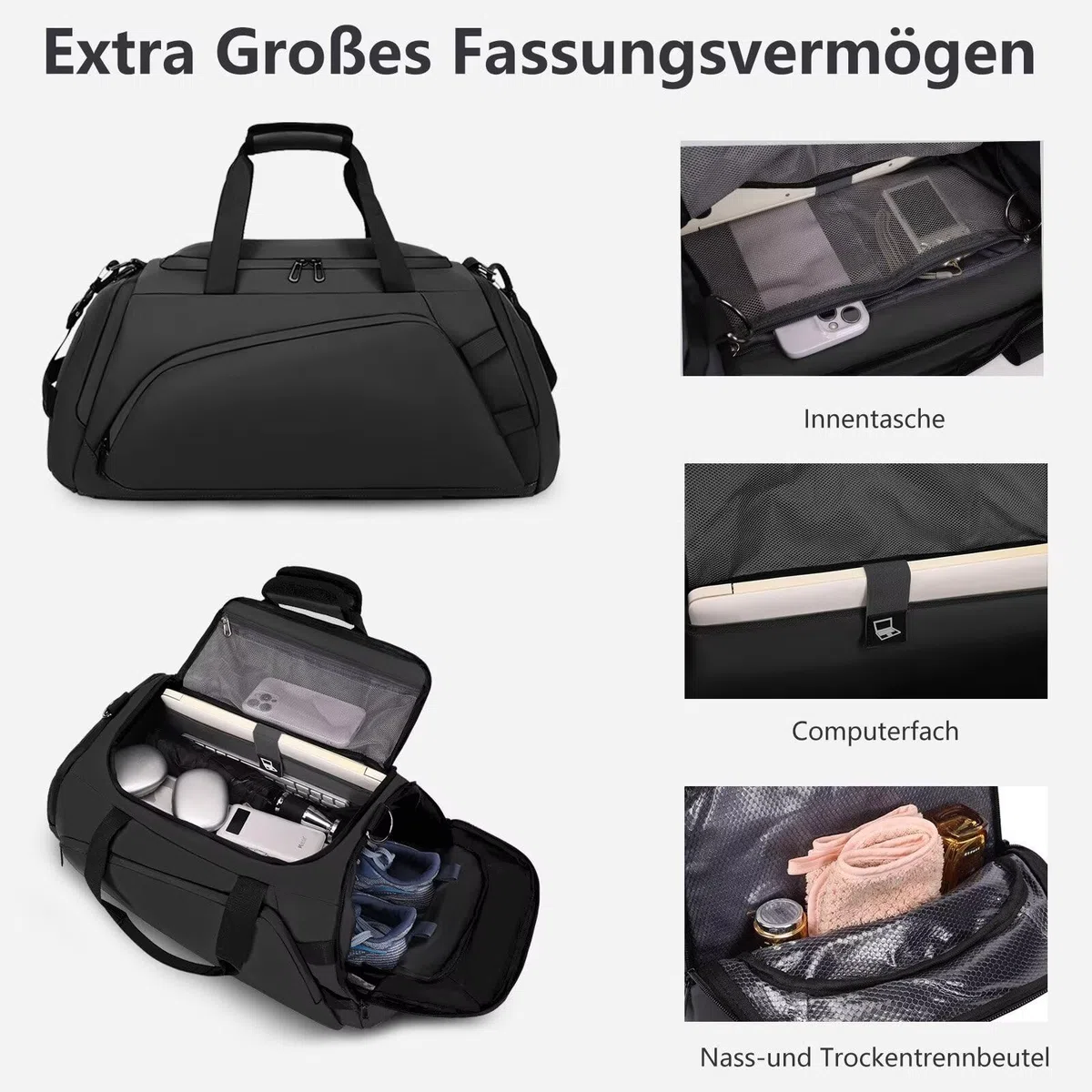Borsone Palestra Uomo Grande 40L Zaino da Viaggio Borsa Palestra Donna Impermeabile Duffel Bag con Porta Scarpe e Tasca Umida Borsa da Viaggio da Viaggio per Sport Fitness Campeggio,Nero