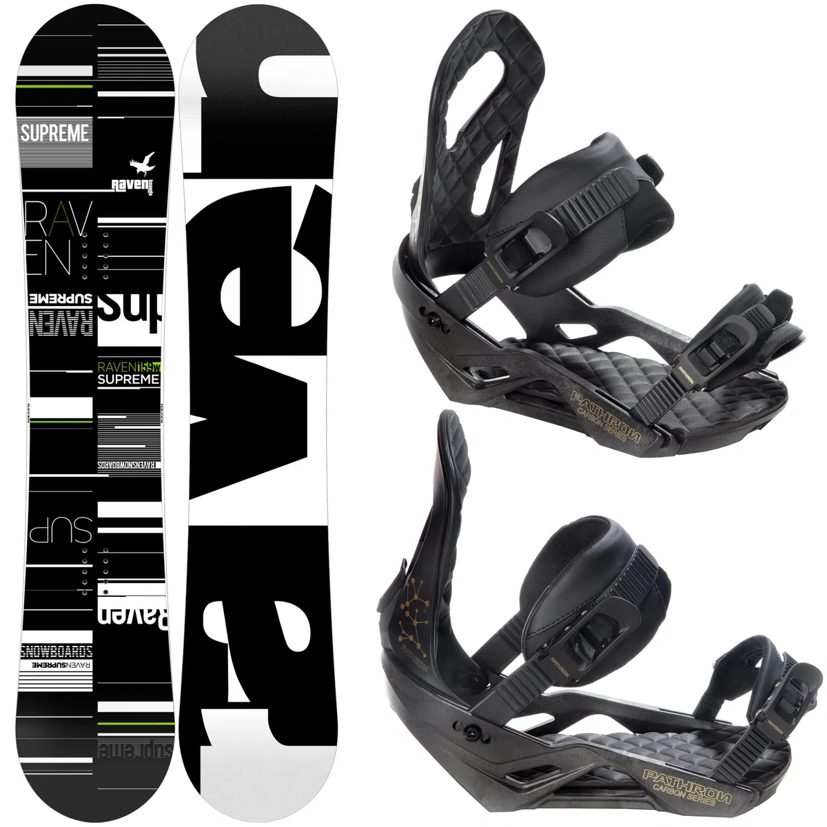 RAVEN Set da Snowboard: Snowboard Supreme Nero/Verde + Attacco Pathron AT, CT o Rage MP180