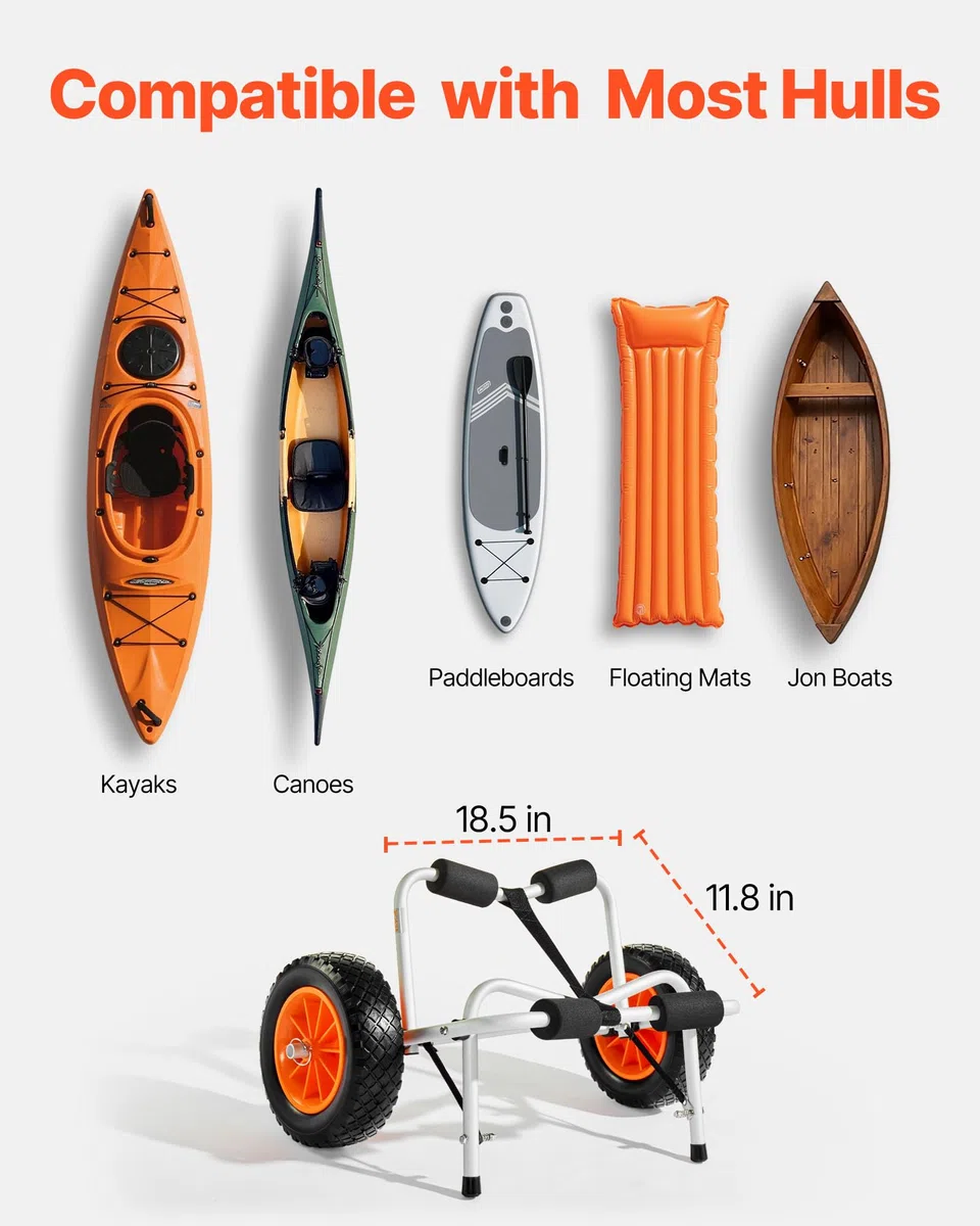 VEVOR Carrello Pieghevole per Kayak, capacità 113,4 kg, con Pneumatici in PU Piena da 400 mm e 1 Cinghia a Cricchetto, Carrello per Paddle Board per Il Trasporto di Kayak, Canoe, Paddleboard