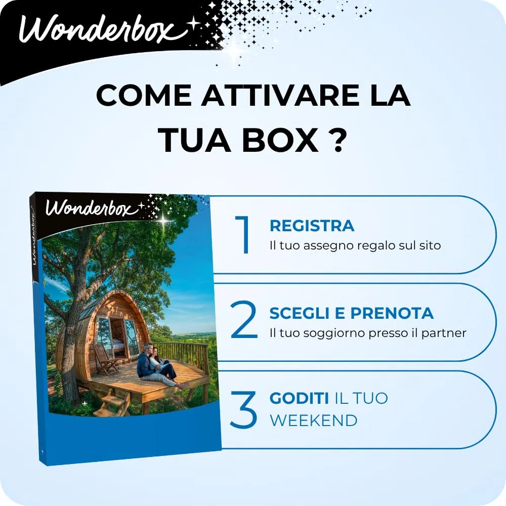 WONDERBOX - Cofanetto Regalo - Insolito - Evasione da Favola - per 2 pers | 1 o più notti con o senza cena, esperienze benessere o originali - Più di 370 soggiorni - Glamping, bubble room, capanne
