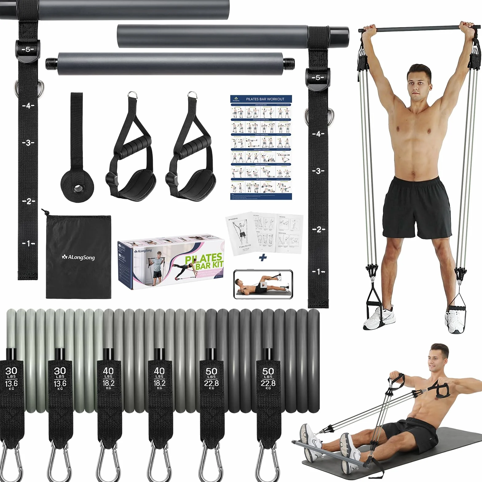Barra per Pilates, ALongSong Barra di Elastici Fitness con 6 Elastico Fitness in Lattice Naturale 30-240 Lbs e Video di Esercizi, Pilates Bar per Fitness a Casa, Palestra, Yoga, Allenamento, Etc