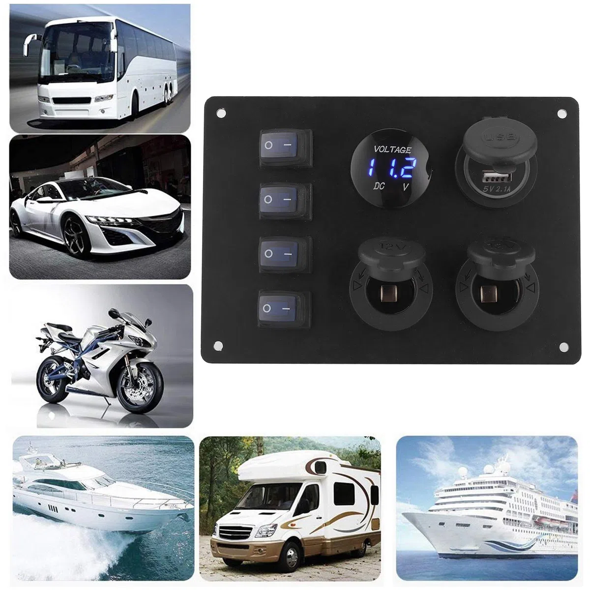 aqxreight - Pannello Interruttori a Bilanciere, Presa 12V Display Tensione Doppia Porta USB Pannello Interruttori a Bilanciere Impermeabile 4 Gang per