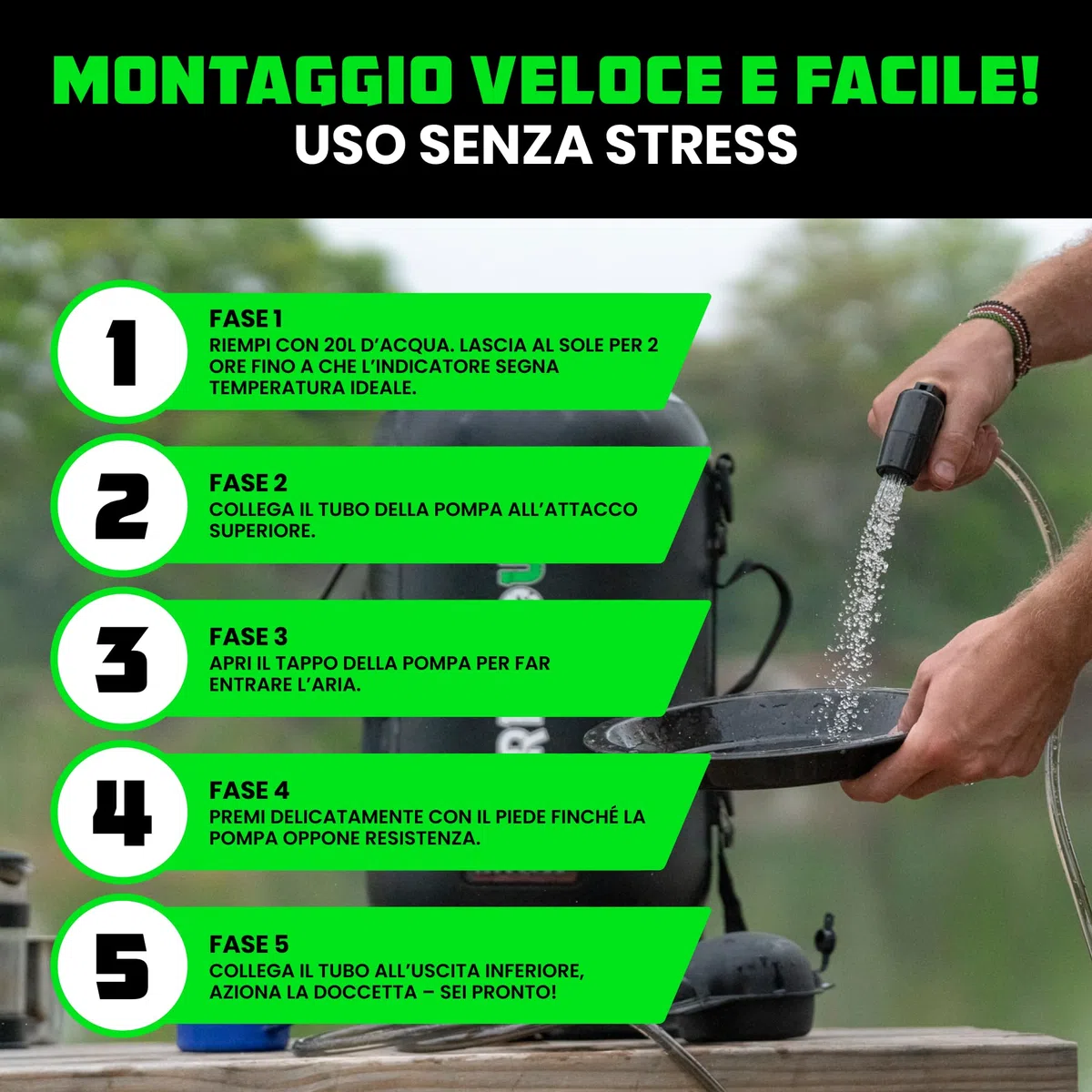 Rhino USA Doccia portatile da campeggio solare da 20 l, essenziale per campeggio, festival, overlanding, gite in spiaggia, doccia all'aperto e molto altro ancora