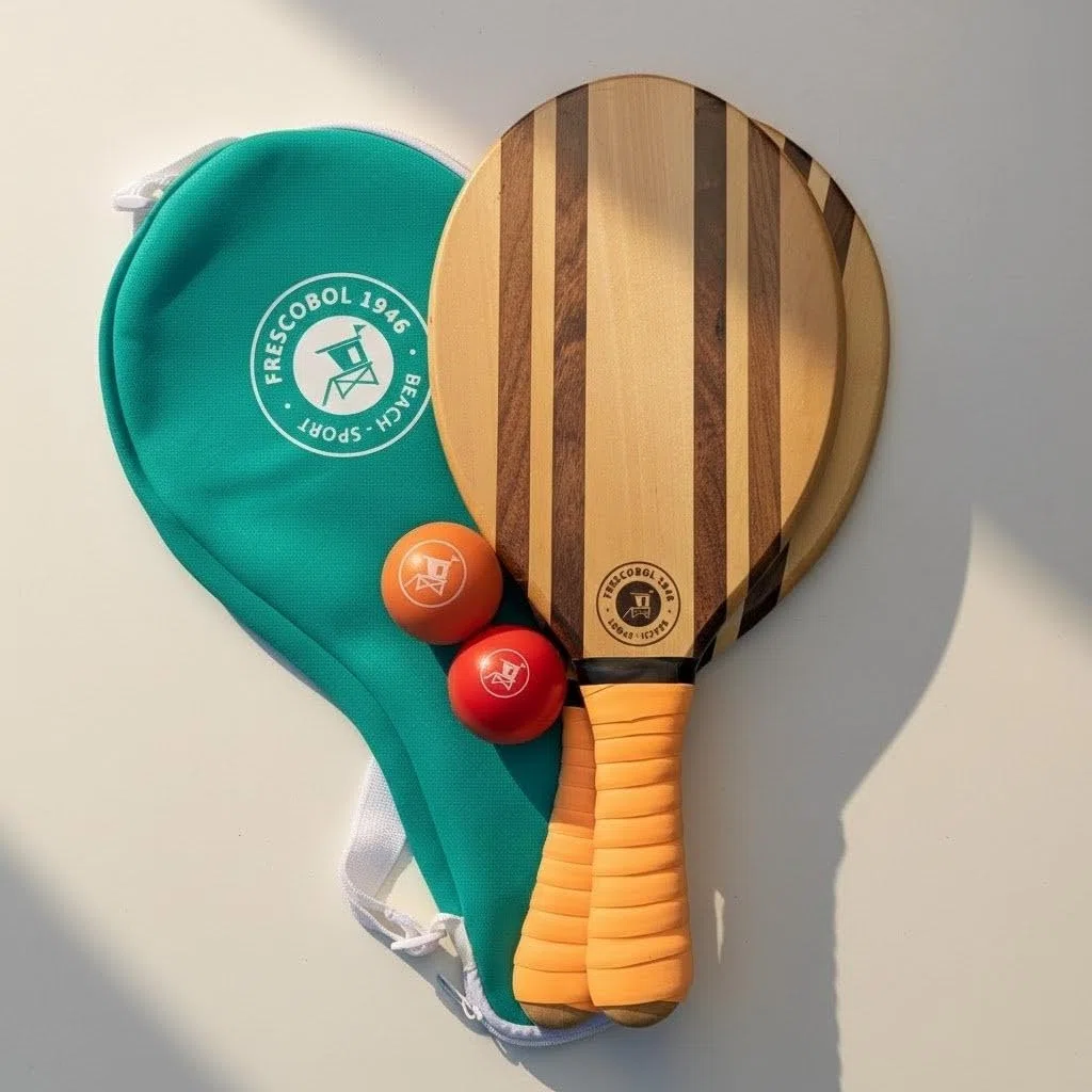 Set di 2 racchette da spiaggia in legno massiccio con palline, ispirazione brasiliana con borsa da trasporto in neoprene, design elegante