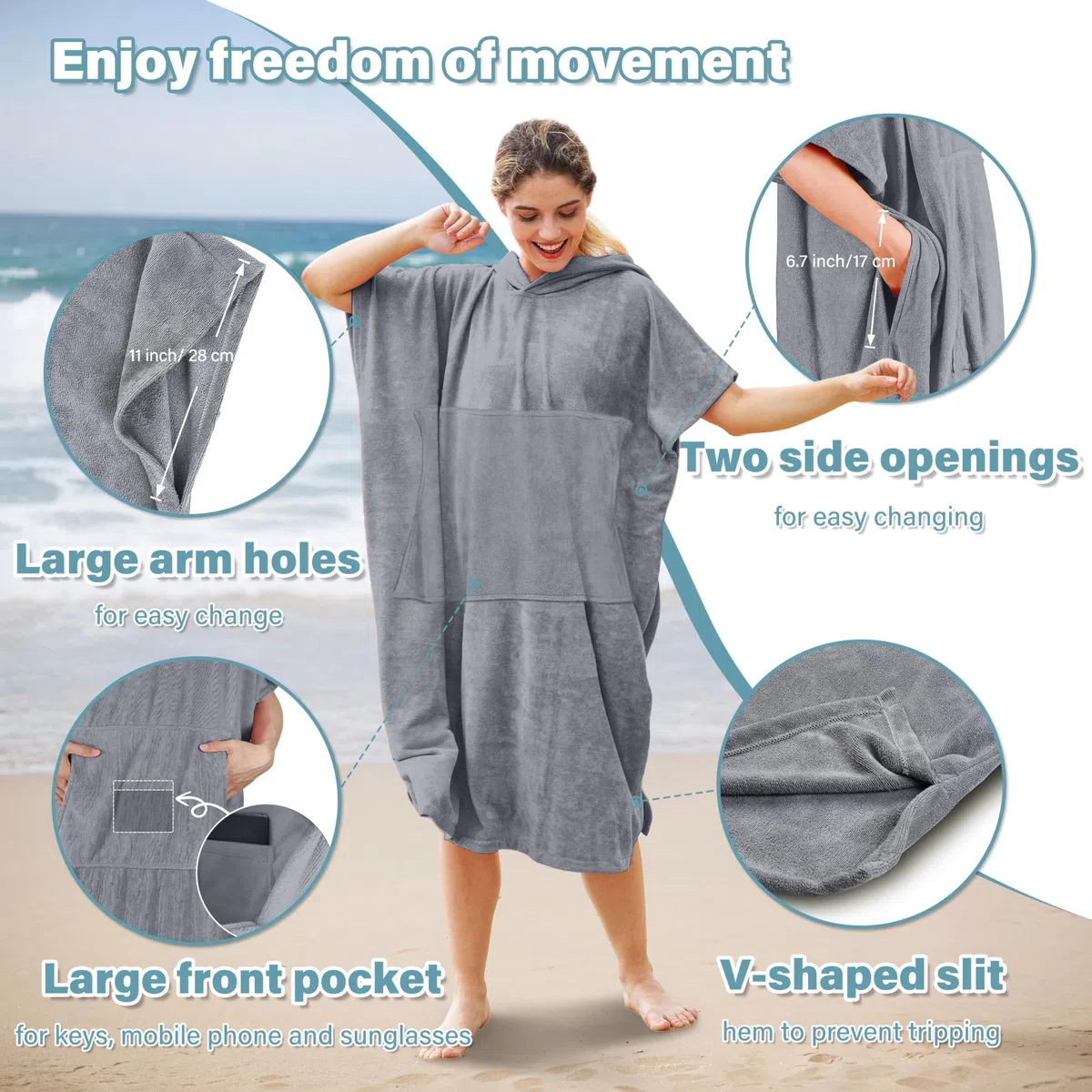 Kato Tirrinia Surf Poncho con borsa, Poncho da bagno in microfibra per donne e uomini, Poncho da spiaggia con cappuccio e asciugamano assorbente per il nuoto e gli sport acquatici della sauna, grigio