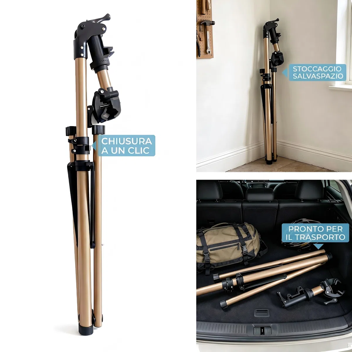 Cavalletto da Riparazione e Montaggio in Alluminio per Bici, Completamente Pieghevole, Doppio Blocco di Sicurezza, Compatto, Ultraleggero, Vassoio Magnetico per E-Bike/Mountain Bike