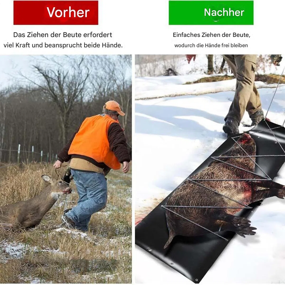 Slitta Da Traino Per Cervi carrello scorrevole per traino e trasporto | carrello portaselvaggina robusto con fune Pescatore Tronchi Legna Neve Spiaggia Sabbia Pesca Ghiaccio