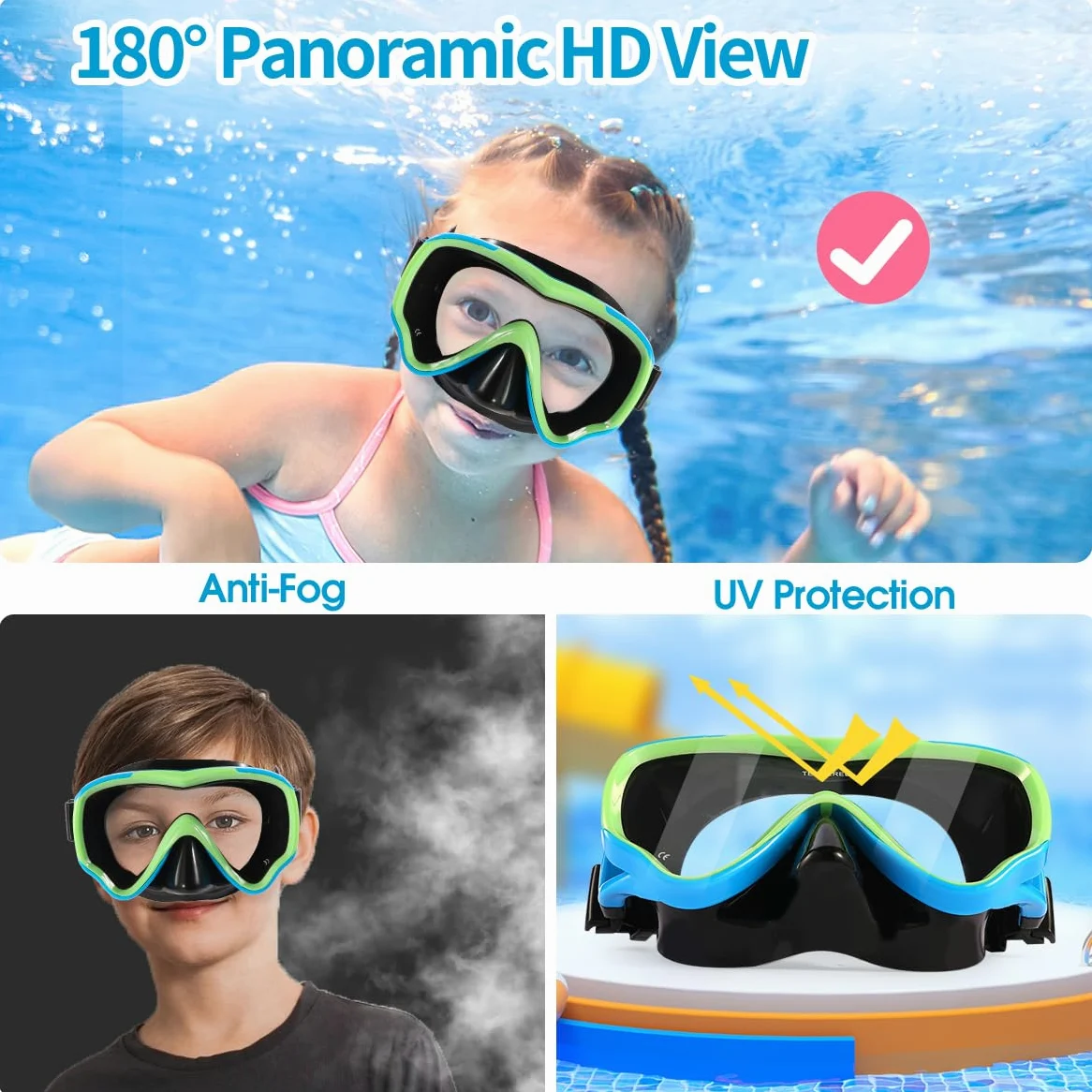Maschera subacquea per bambini, anti-appannamento e anti-perdite, occhiali da snorkeling impermeabili in vetro temperato, per bambini dai 4 ai 14 anni