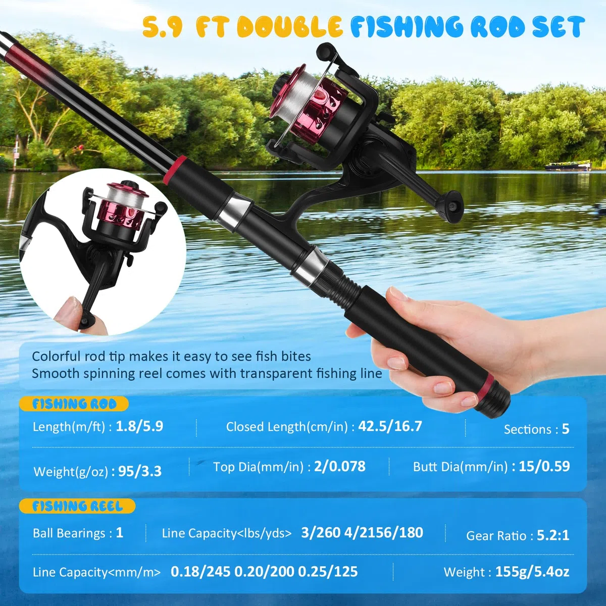 Set da pesca per bambini, 2 bobine telescopiche da pesca da 1,8 m, 3-10 anni, set di canne da pesca per bambini con mulinello ed esca, set di base per pesca per bambini, in fibra di carbonio, set