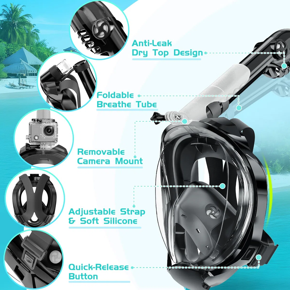 Maschera integrale da snorkeling, attrezzatura per snorkeling per adulti, uomini e donne, vista panoramica a 180 gradi, set con boccaglio anti-appannamento, anti-perdite, sistema Dry Top e borsa da