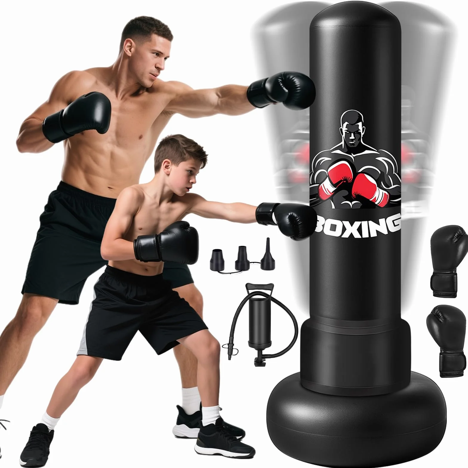 Sacco da Boxe da Terra,180cm Sacco da Boxe per Adulti Gonfiabile con Guantoni e Pompa, Gonfiabile Pungiball Bambini per Kickboxing, Karate, Boxing Bag da Casa e Ufficio