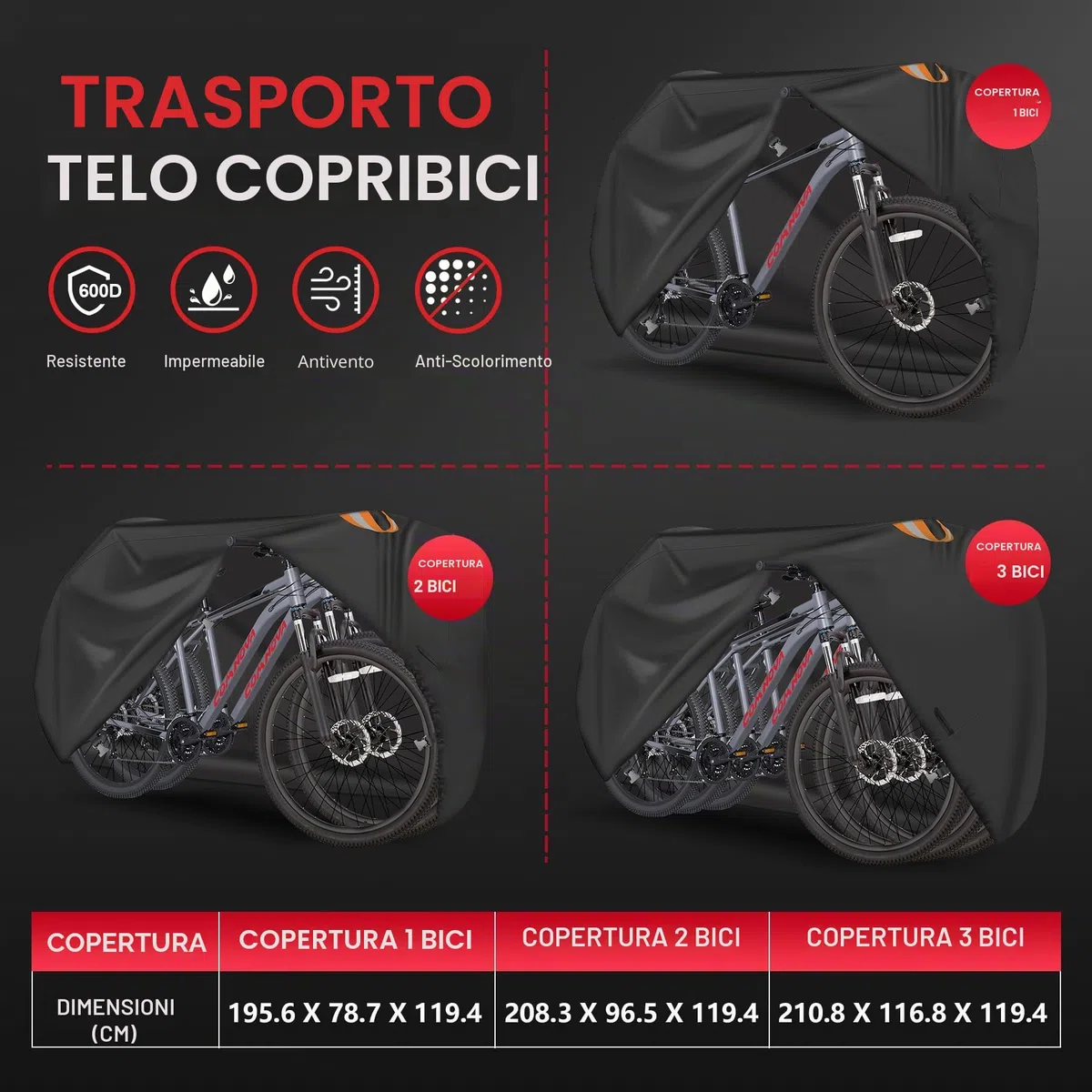 Zettum Copertura per il trasporto di 3 biciclette – Copertura per bici da riporre all'esterno sul portapacchi posteriore impermeabile all'aperto e resistente, rivestimento in poliuretano 600D,