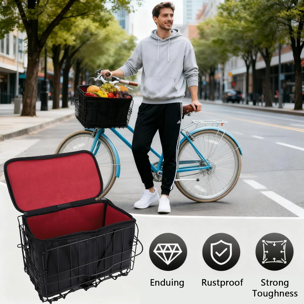 Kit cestino anteriore per bicicletta, a sgancio rapido, in metallo, staccabile, con borsa rimovibile per generi alimentari, animali domestici, biciclette