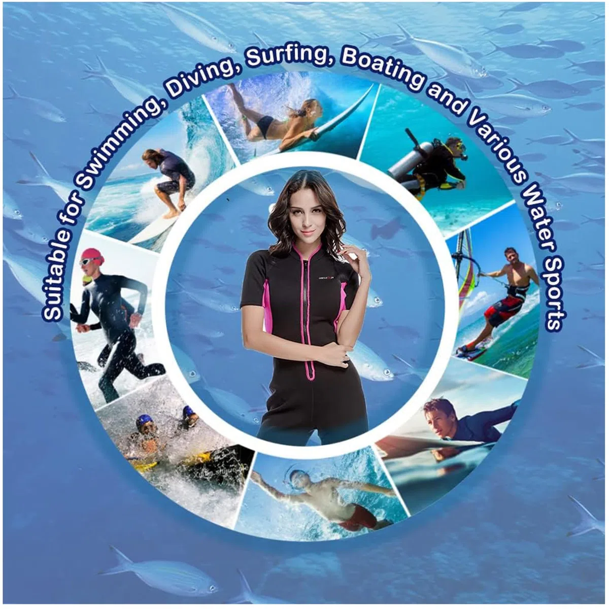 Muta da donna a maniche corte in neoprene con zip frontale, 2 mm, per surf, nuoto, snorkeling