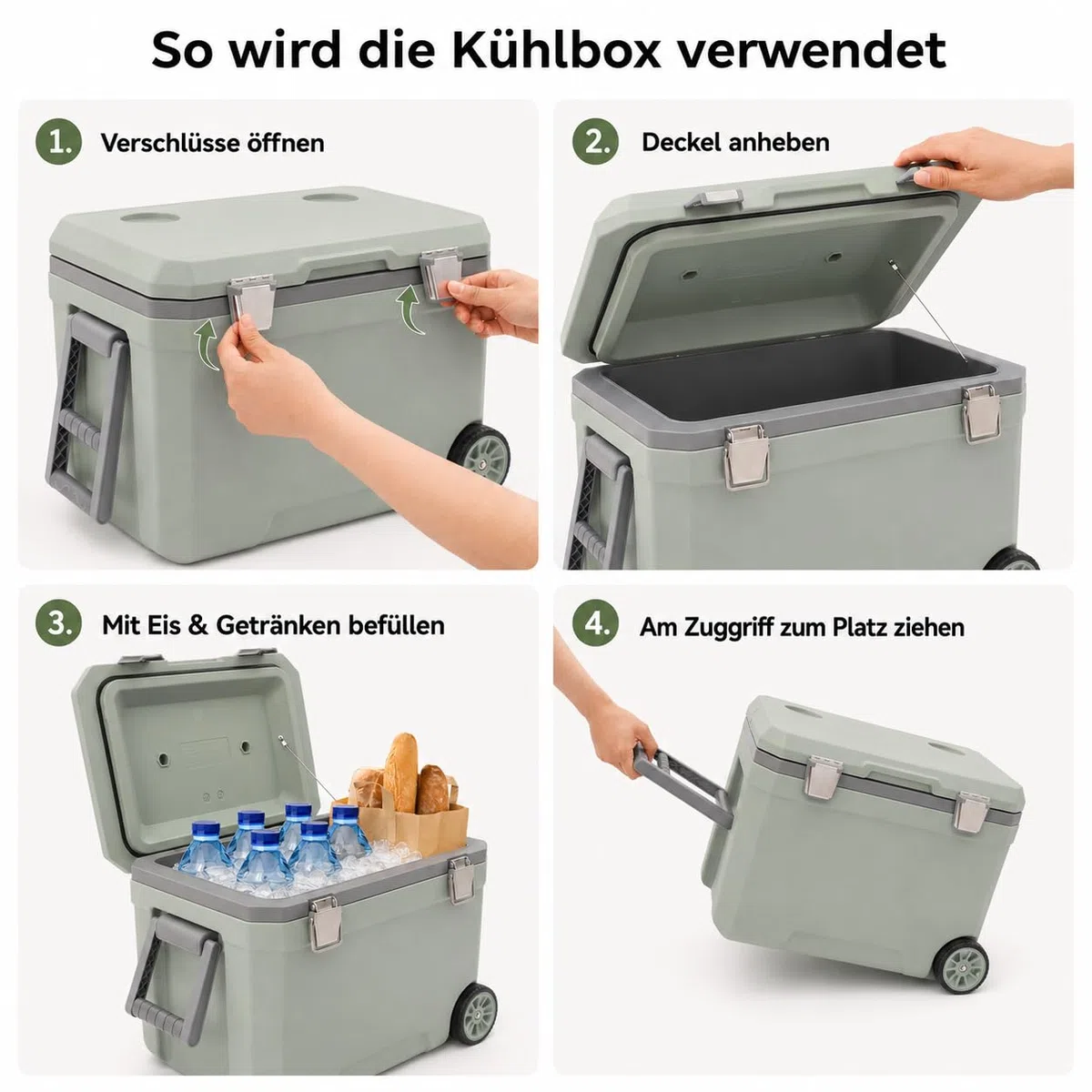 Borsa frigo con ruote, da campeggio, 45 litri, con manico telescopico e 2 ruote, isolamento dal freddo per 24 ore, portabicchieri integrato, per picnic, barbecue, verde