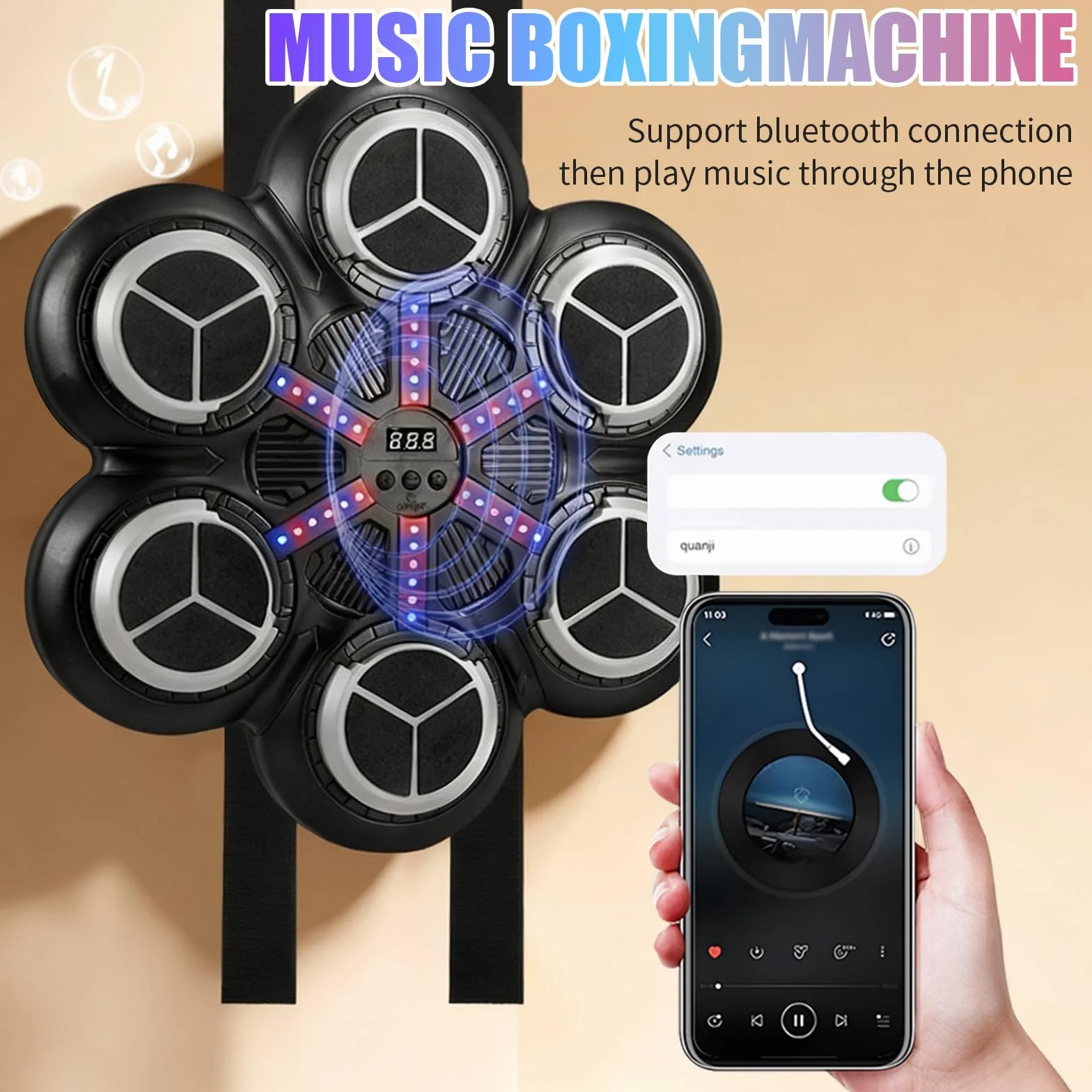 Macchina da Boxe Musicale, LED Music Boxing Machine a Parete con Guanti, Luci Colorate, Supporta Bluetooth, 3 Velocità Modalità di Allenamento, Modalità di Conteggio, per Adulti e Bambini