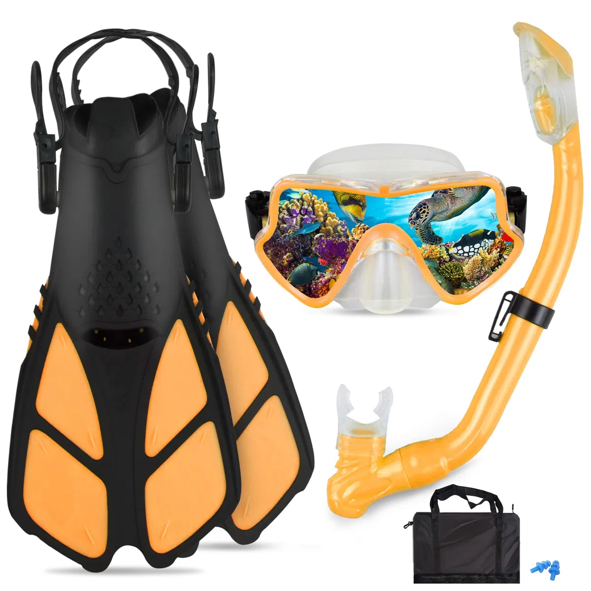 Set da snorkeling per bambini, pinne regolabili + maschera panoramica + tubo da snorkeling asciutto + borse da viaggio - adatto per bambini e ragazzi, età 5-14 anni
