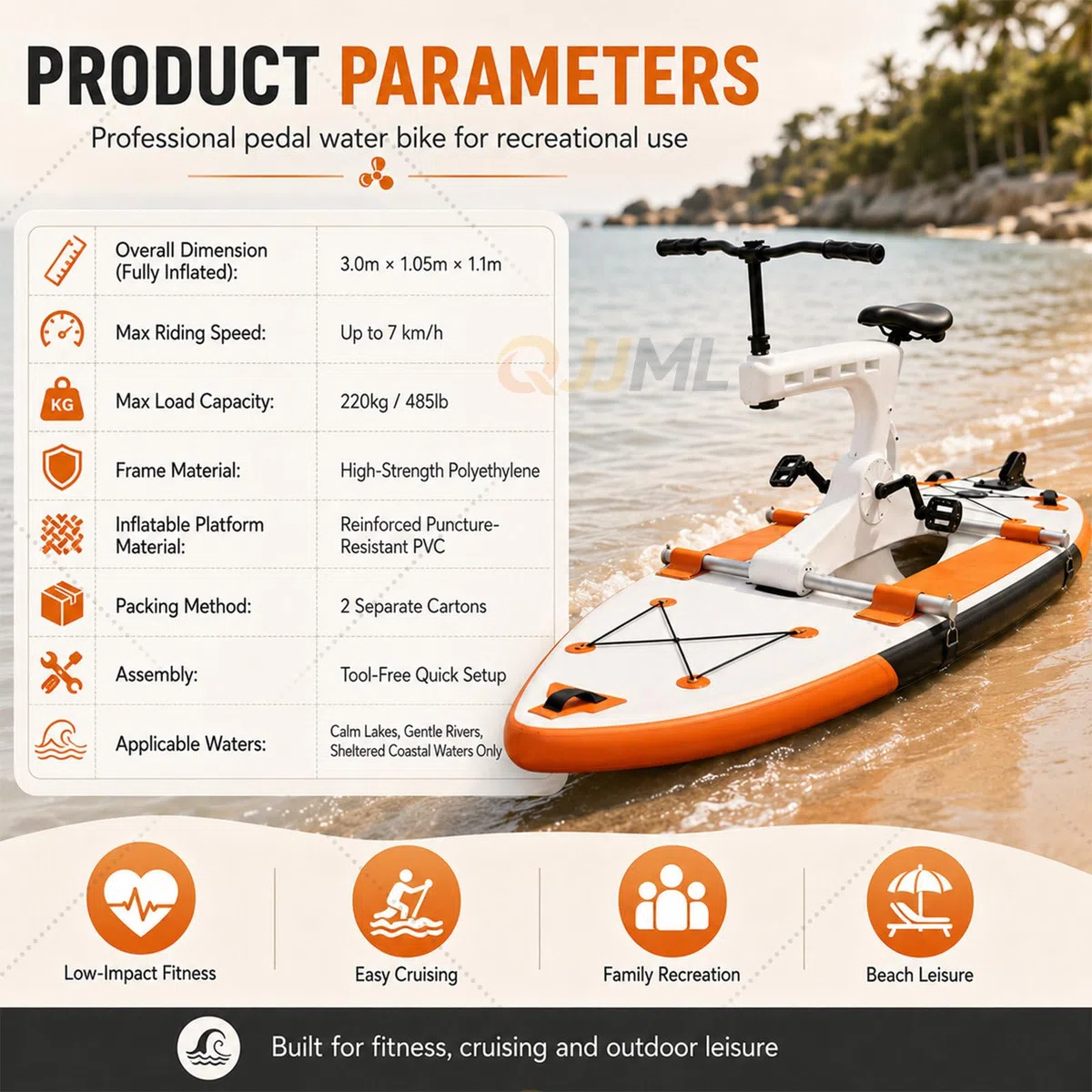 Bicicletta Acquatica Gonfiabile per Adulti | Bicicletta a Pedali con Guida a Basso Impatto/PVC Rinforzato | Pedalò Parco Acquatico per Acque, Spiaggia & Noleggio Commerciale Orange
