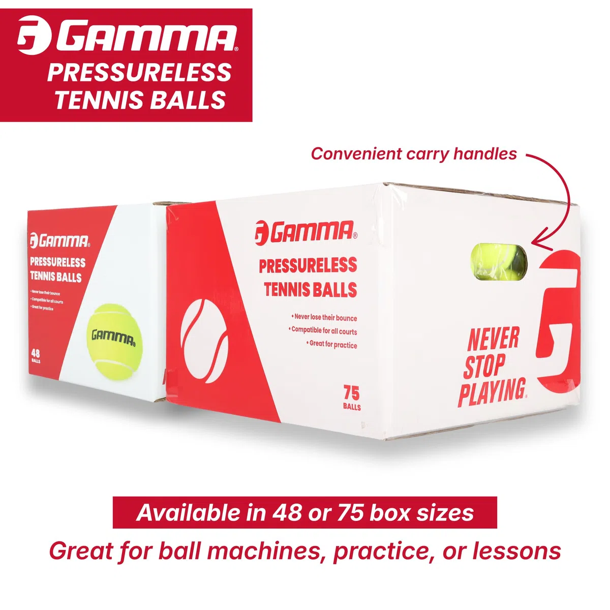 GAMMA Scatola per palline da tennis senza pressione, ideale per la pratica, l'insegnamento e l'allenamento, con feltro ad alta visibilità, per giocare al chiuso e all'aperto, confezione da 48 e 75