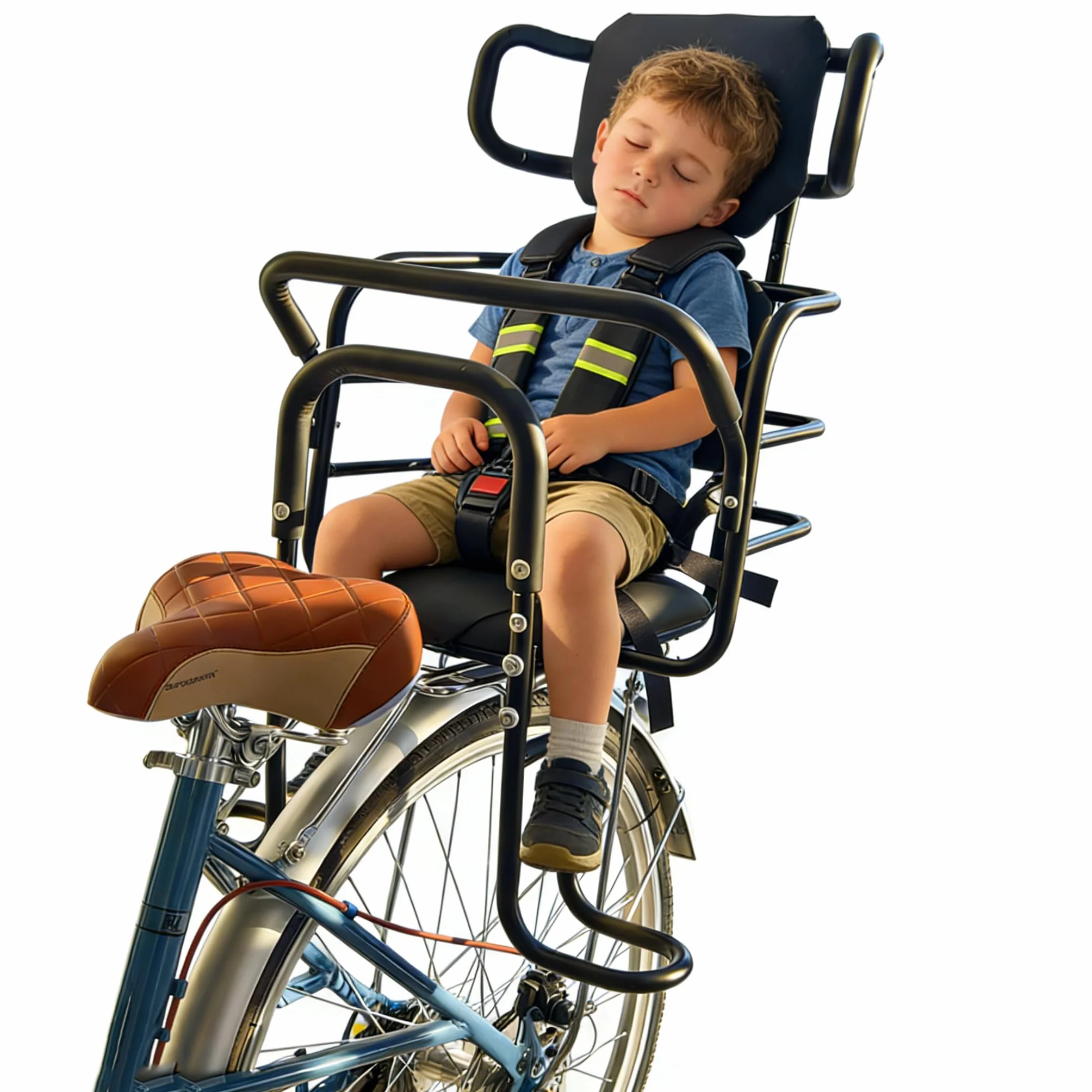 QMD Seggiolino Posteriore per Bambini con poggiatesta Regolabile; seggiolino Posteriore per Bici con poggiapiedi, Schienale e maniglione di Sicurezza. Progettato per Bambini dai 18 Mesi agli 8 Anni.
