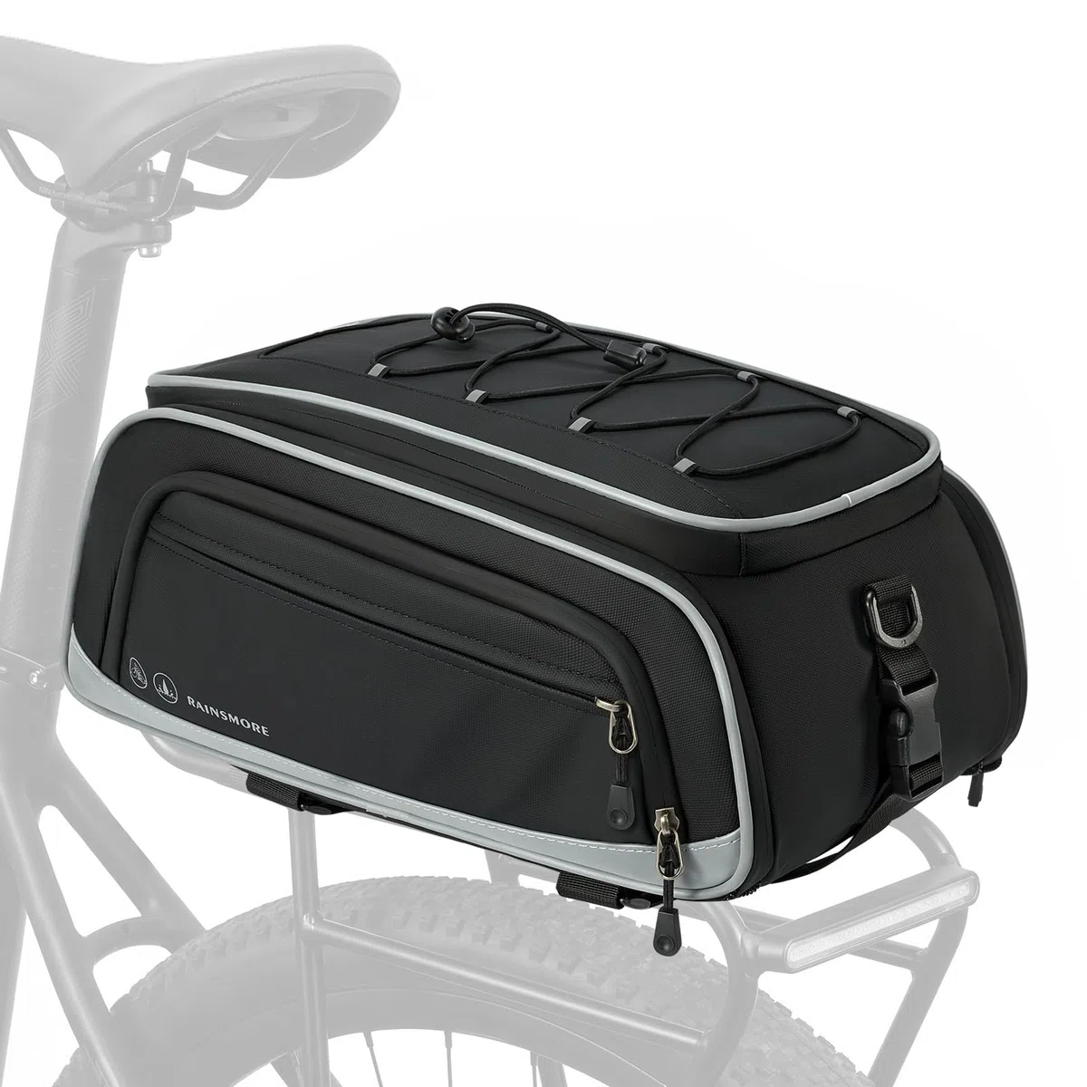 RAINSMORE Borsa Bici Posteriore 15L-23L Espandibile, Borsa Portapacchi Bici Impermeabile e Riflettente con Copertura Antipioggia e Tracolla, Bici per MTB, E-Bike e City Bike Nero