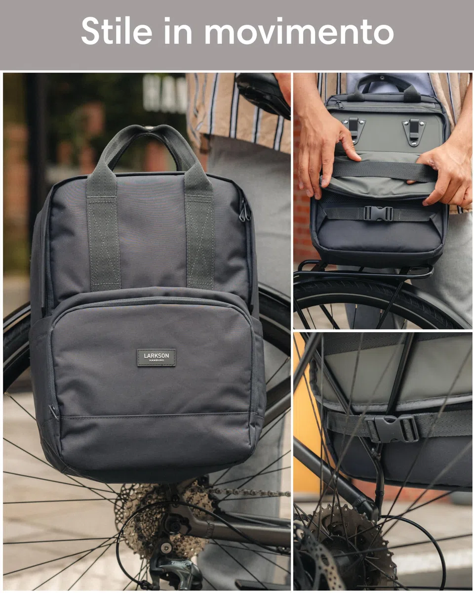 LARKSON Borsa per Bicicletta Nero Riflettente - No 6 Bike - 2 in 1 Borse Posteriori Bici Zaino Scomparto per Laptop da 16 Pollici - Accessori Cestino - Impermeabile