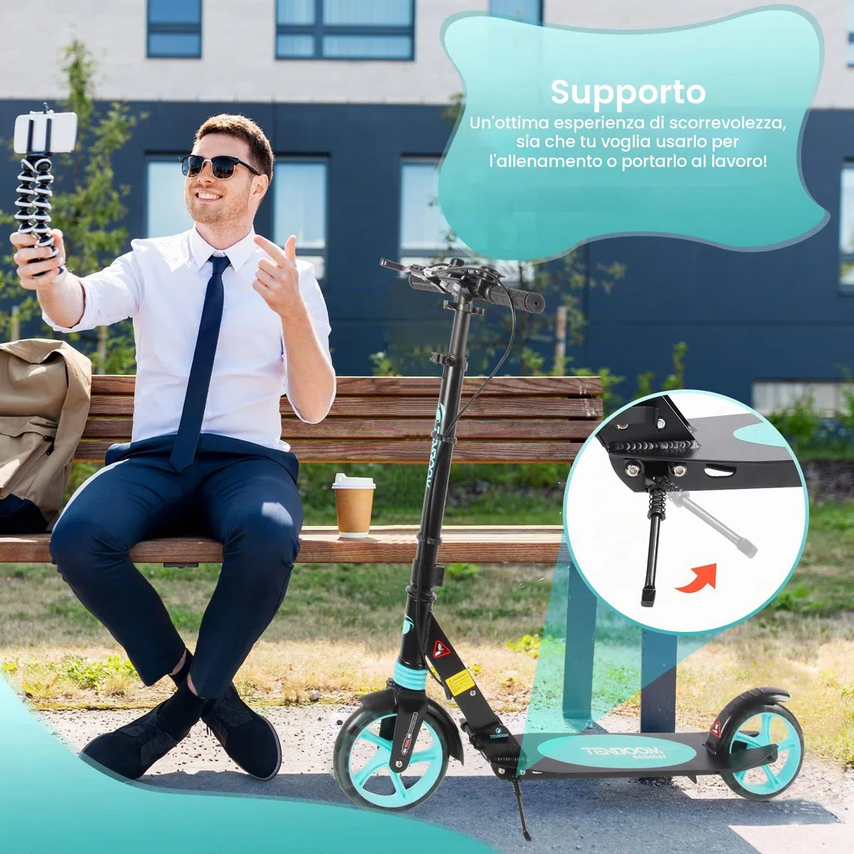 TENBOOM Kickscooter a disco in alluminio pieghevole, altezza regolabile per bambini 8 anni e risvegliati con freno a mano e campana, sistema a doppia sospensione