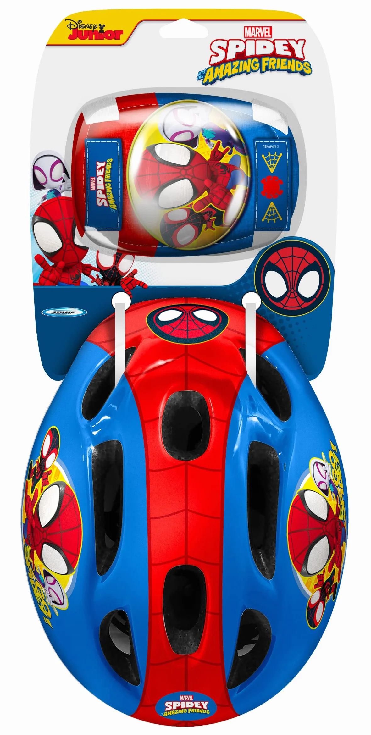 STAMP Helmet + Elbow & Knee Pads Spidey Gioventù, Unisex, Blu/Rosso, 50-56 cm