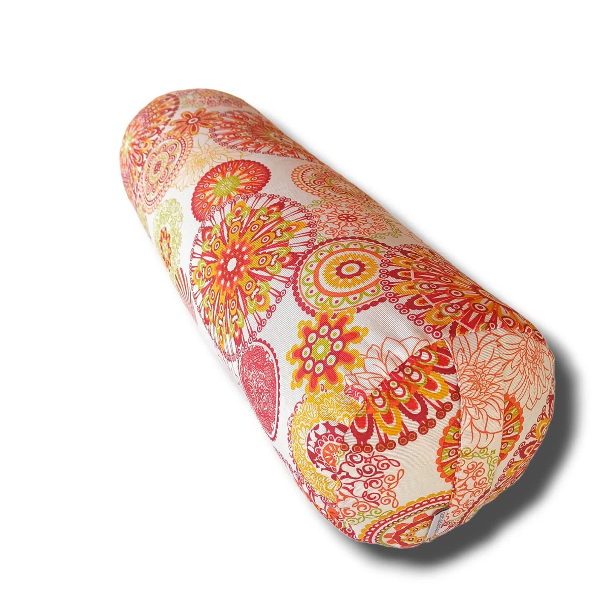 Bolter yoga "Mandalas arancia 2024", cuscino yoga, cuscino meditazione, bolster cilindrico, cuscino yoga cilindrico, rivestimento lavabile, ripieno di pula di farro bio, 62x20cm