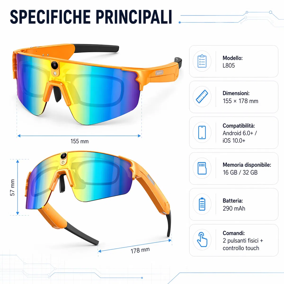 SINOTE'CA Occhiali Smart AI per Ciclismo, Smart Glasses con Fotocamera 8MP, Video HD, Stabilizzazione a 6 Assi, WiFi, Bluetooth 5.4, Audio Open-Ear, Traduzione in Tempo Reale, UV400, Uomo Donna