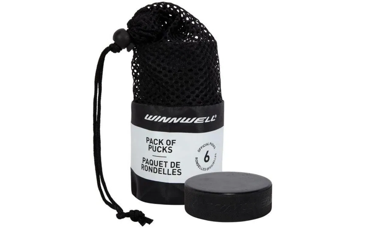 Winnwell Dischi ufficiali da hockey su ghiaccio, dimensioni e peso regolamentari, 170 g, nero, con borsa per il trasporto in rete, ideali per manipolazione di bastoni e esercitazioni (nero, confezione