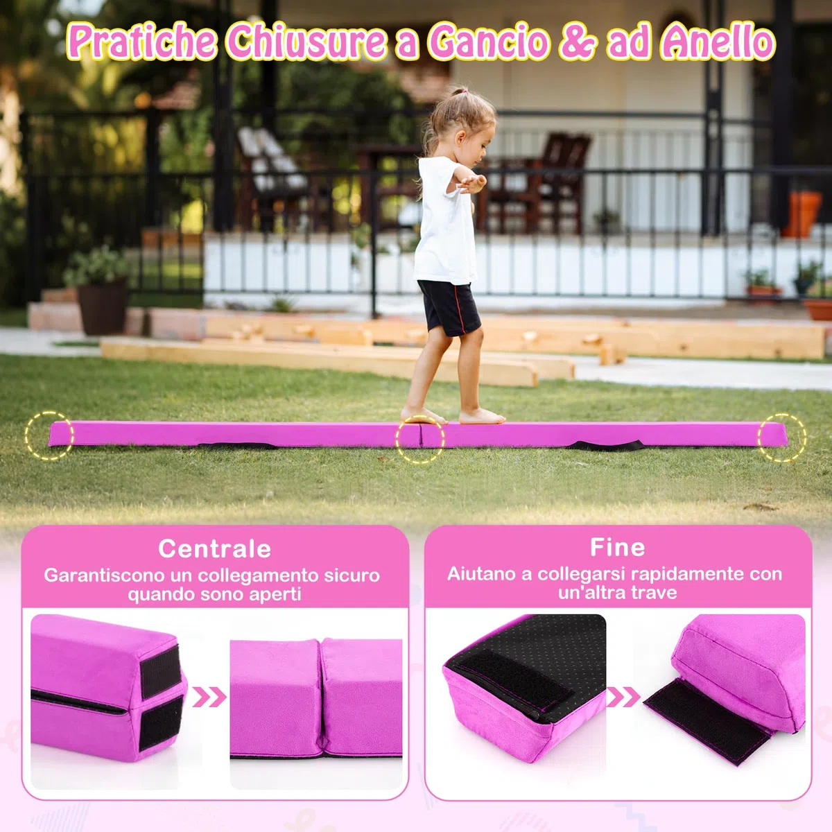 GYMAX Trave da Ginnastica Pieghevole, con Manico, Superficie Morbido, Imbottitura in Schiuma, Base Antiscivolo, Copertura con Cerniera, Attrezzatura da Ginnastica per Esercitazioni a Casa