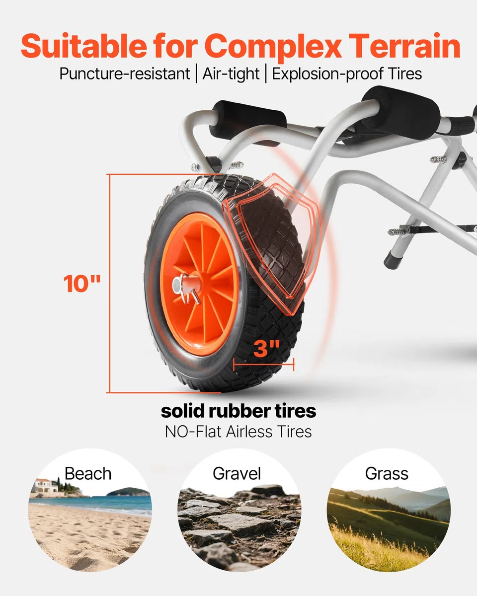 VEVOR Carrello Pieghevole per Kayak, capacità 113,4 kg, con Pneumatici in PU Piena da 400 mm e 1 Cinghia a Cricchetto, Carrello per Paddle Board per Il Trasporto di Kayak, Canoe, Paddleboard