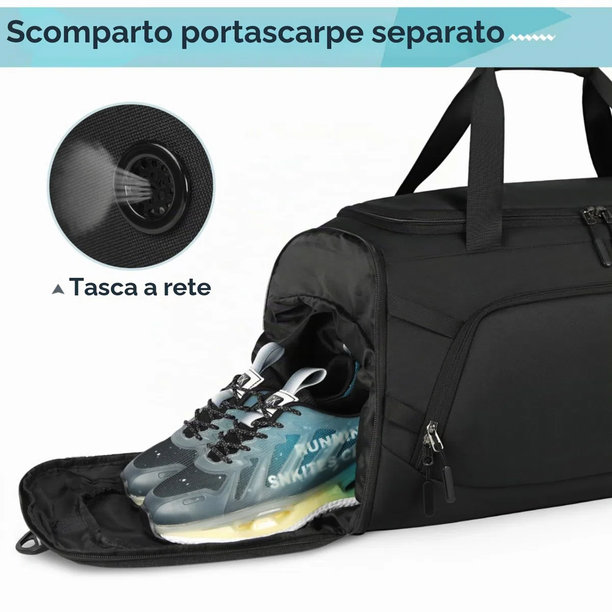 RAINSMORE Borsone Palestra Uomo Borsone da Viaggio Grande Borsa Palestra Donna con Scomparto Scarpe e Tasca bagnata Duffel Bag Gym Bag 55L Nero