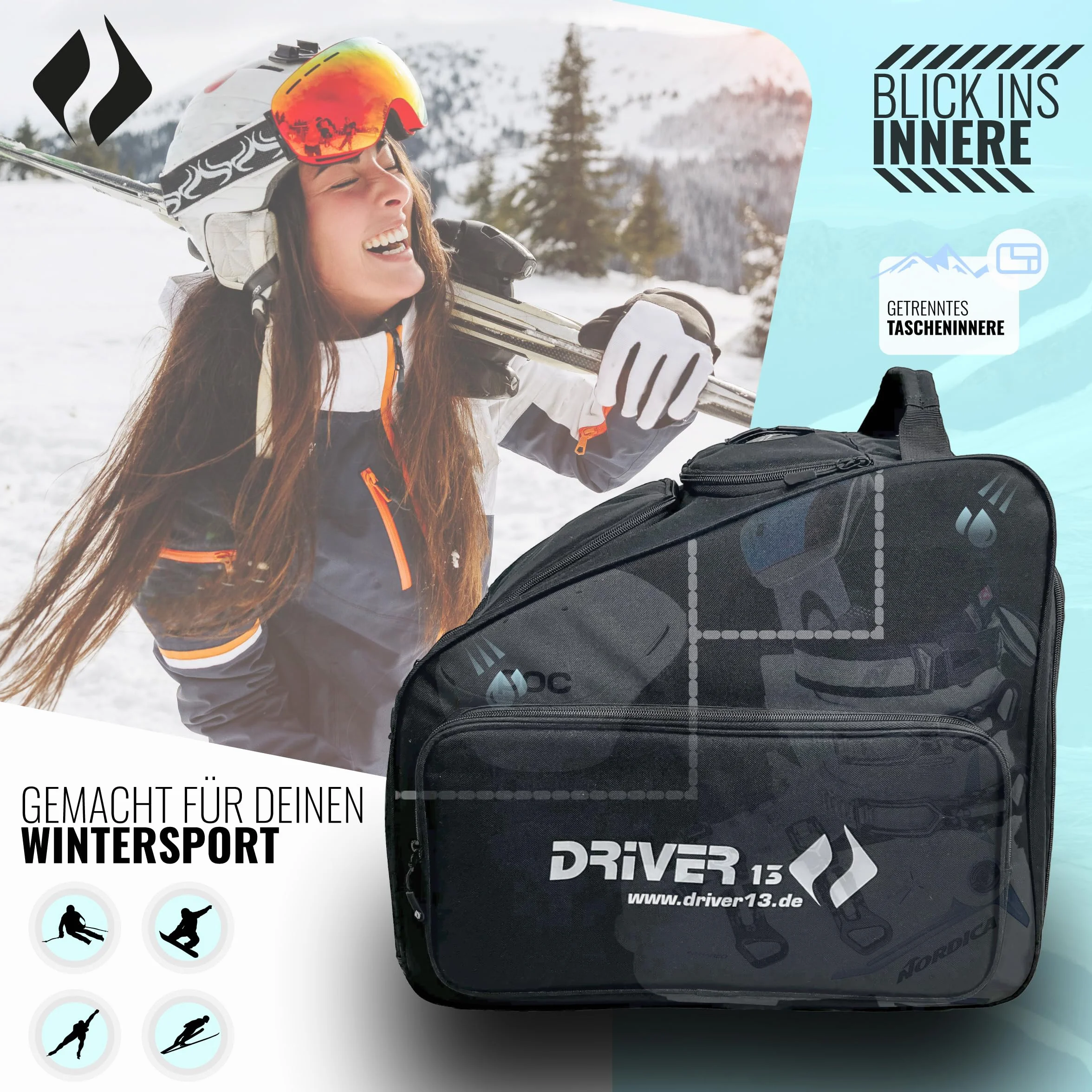 Driver13 borsa porta scarponi da sci (bootbag) con scomparto casco e scomparto maschera, per scarponi da sci e boots snowboard, tasche extra, nero