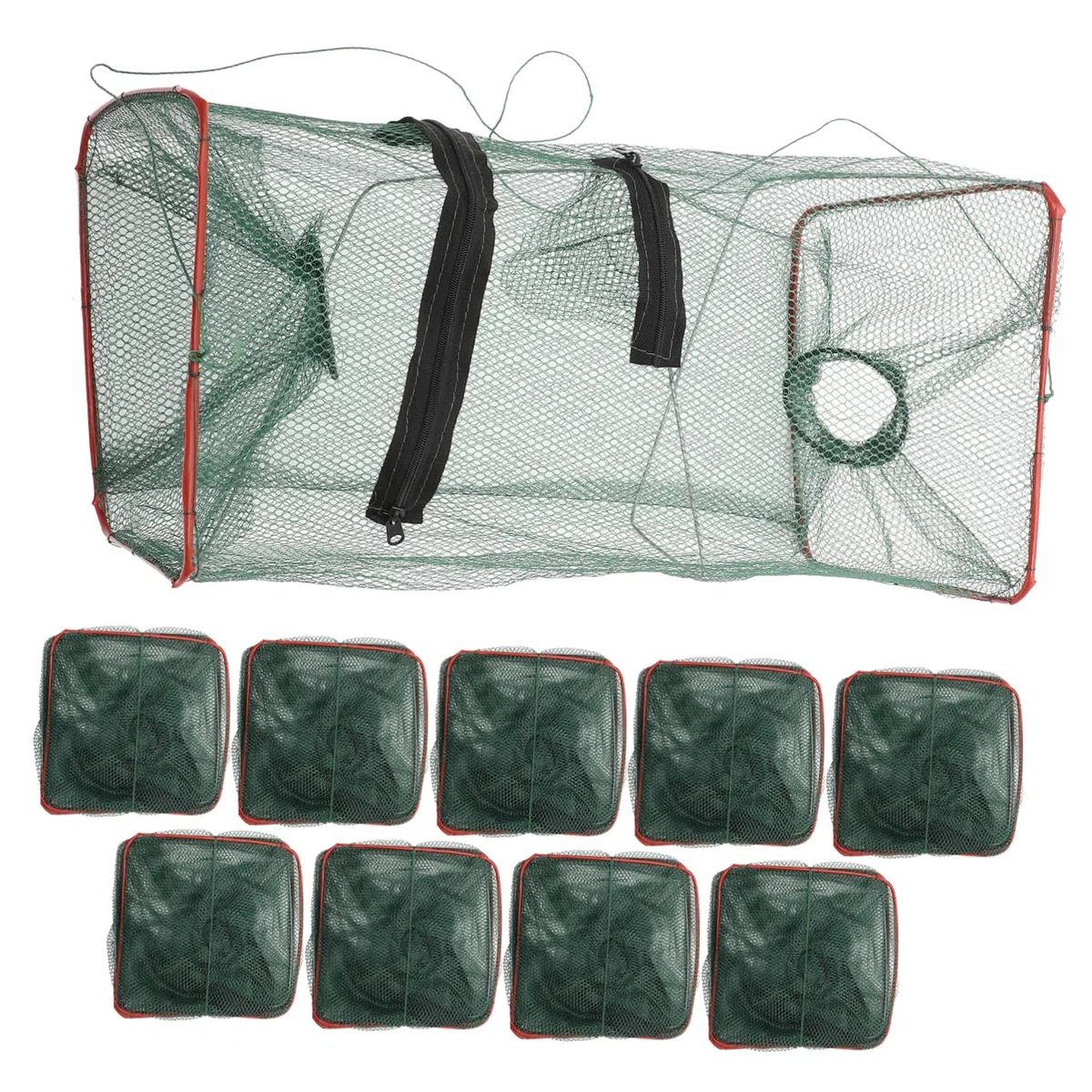 Gabbia da Pesca Rettangolare Pieghevole 10 Pezzi in Nylon | Capacità Ampia, Rosso, Doppia Tasca Cerniera, Uso Indoor per Acquacoltura, Adatta a Gamberi e Pesci Colore Casuale