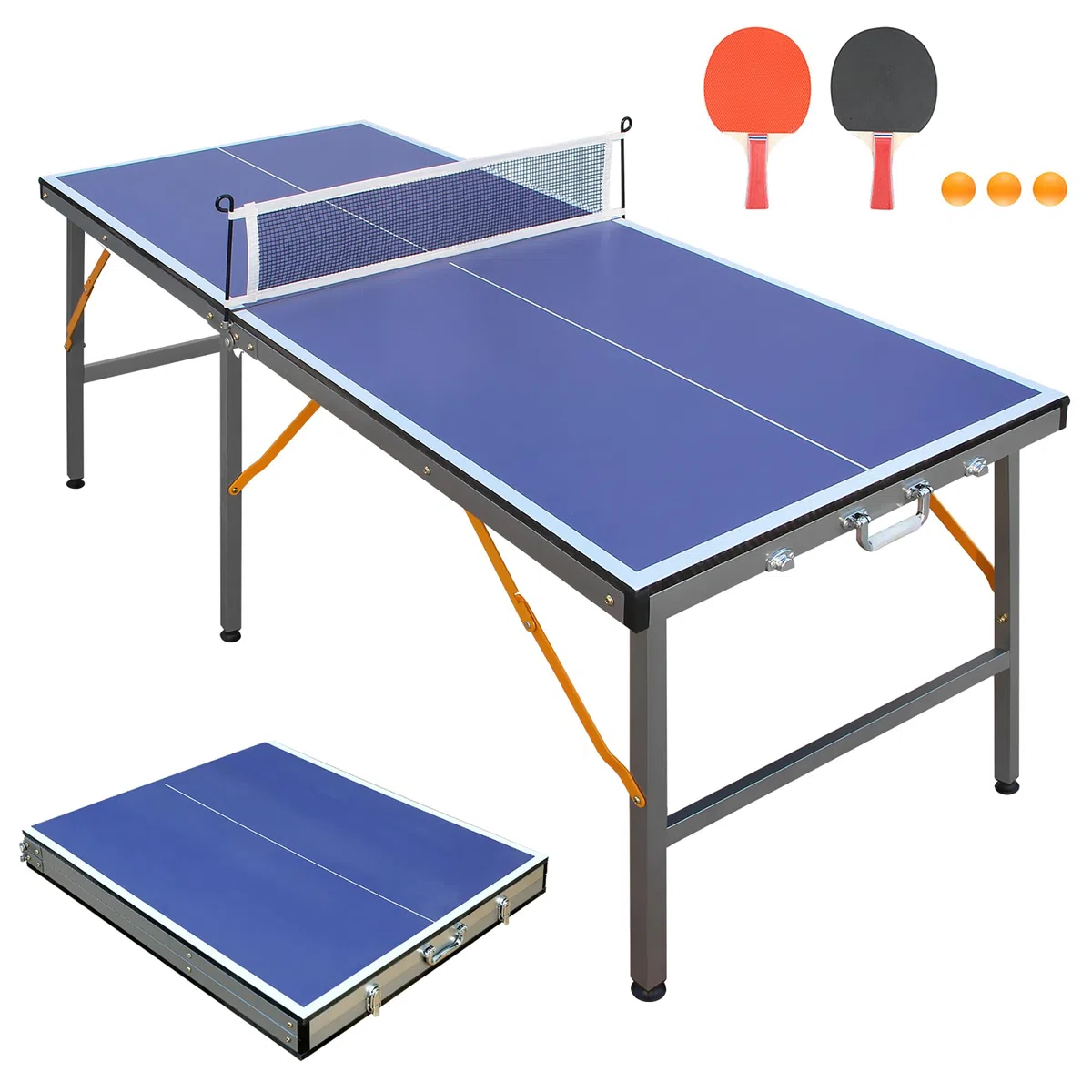 Tavolo da ping pong pieghevole da 137 cm, set da ping pong con rete e 2 racchette, pannello in MDF, gambe in metallo a U, salvaspazio, per interni ed esterni, bambini e adulti