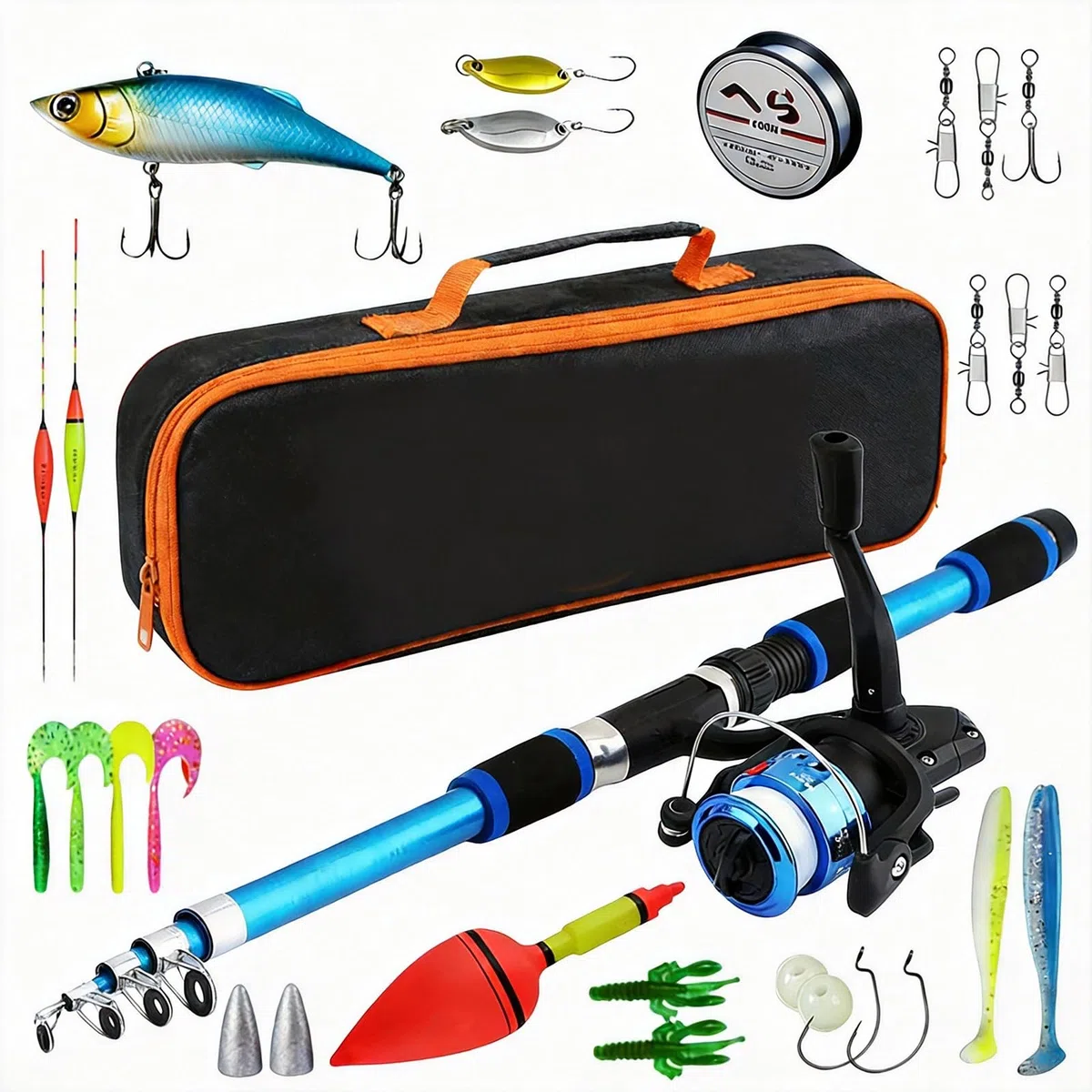 Set di 2 accessori da pesca, telescopico, canna da pesca, 1,8 m, con rotolo, esca, grande galleggiante, campana, borsa per il trasporto