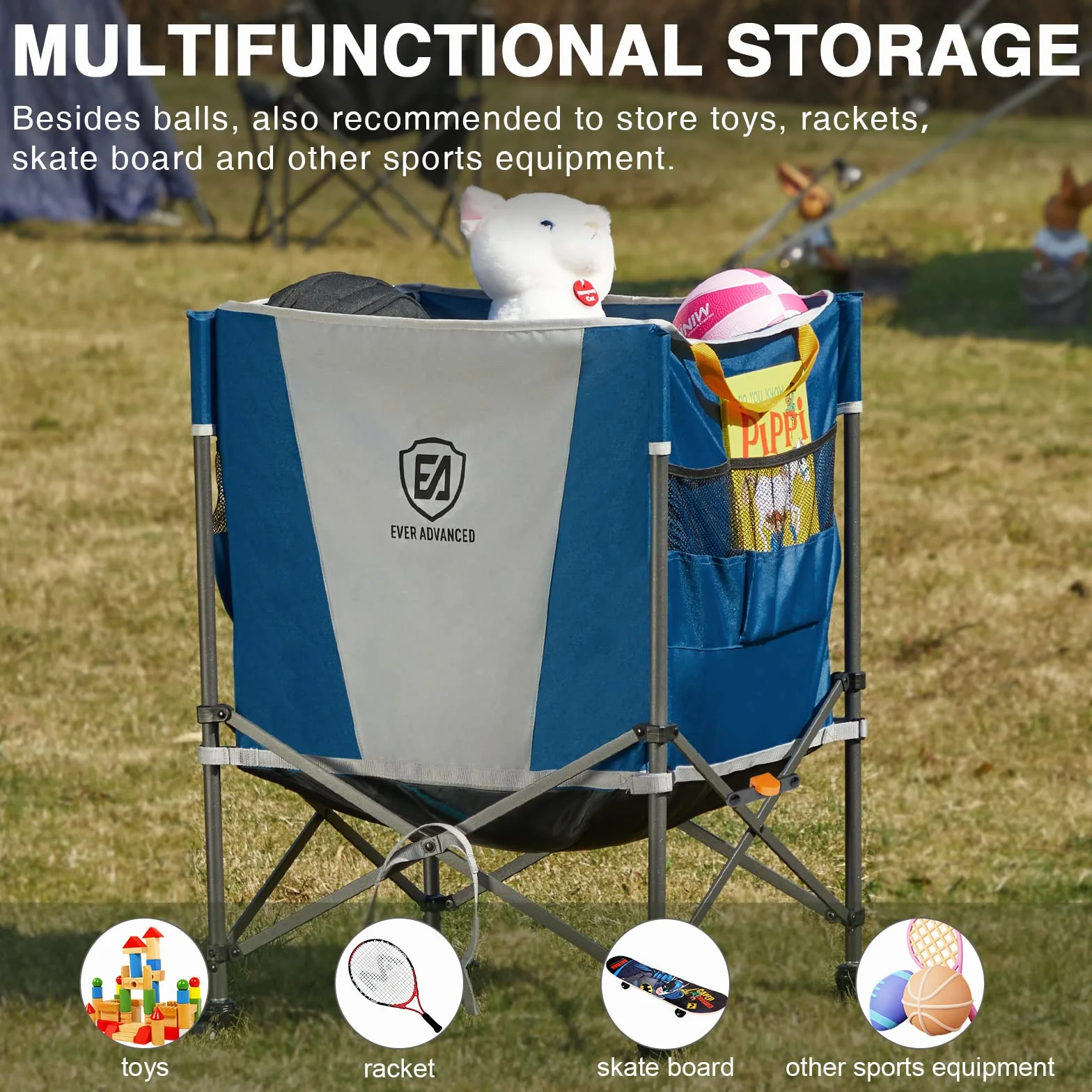 EVER ADVANCED Carrello Porta palloni con Ruote bloccabili, 83,8 x 57,9 cm, Pieghevole per Garage, Attrezzatura Sportiva per pallavolo, Pallacanestro, Tennis, Contenitore per Giocattoli