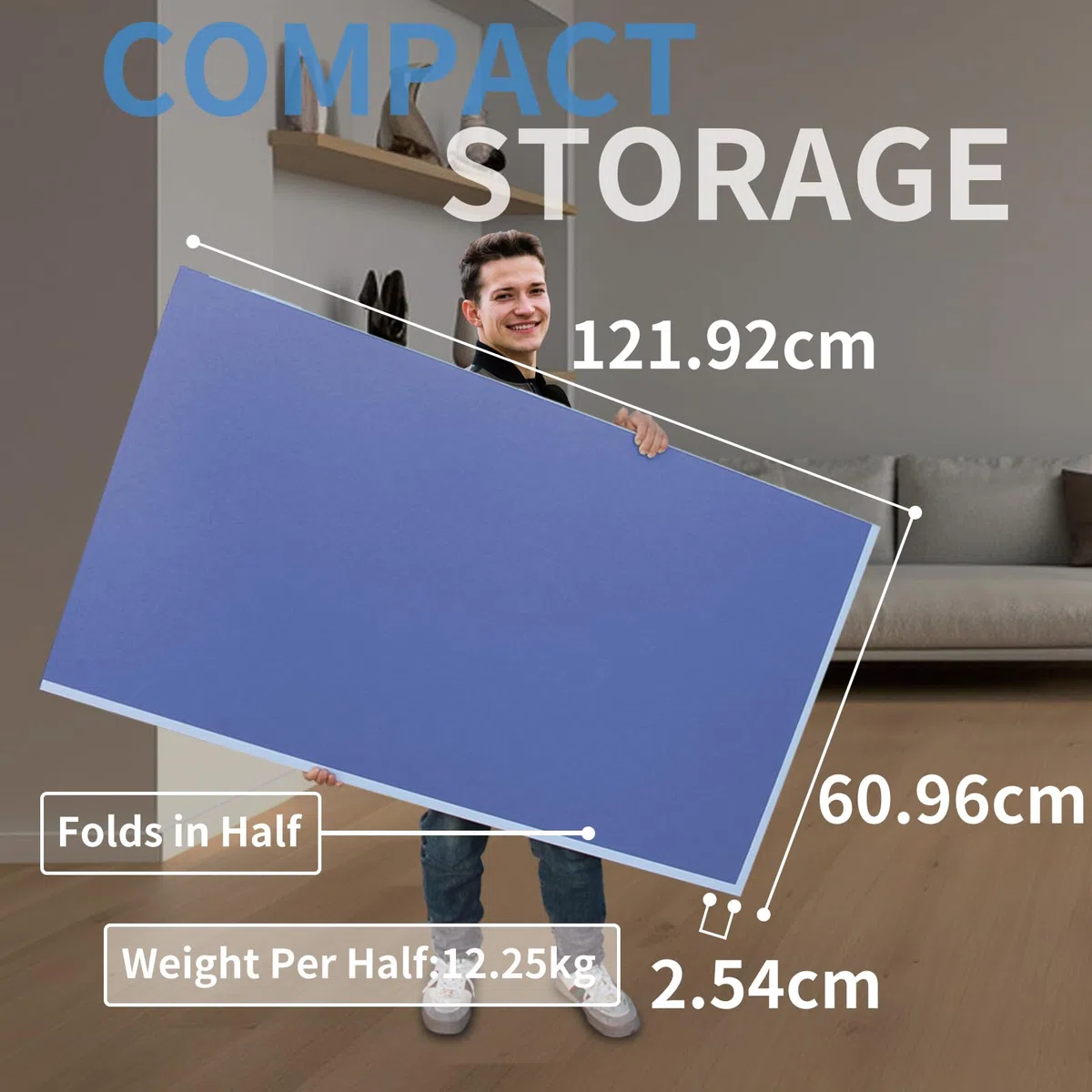 Tavolo da ping pong pieghevole per esterni e interni, resistente alle intemperie, in MDF da 12 mm, per casa, blu, 244 x 122 cm