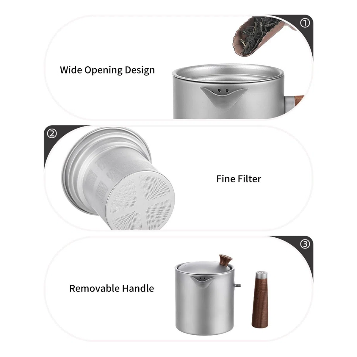 Generico Compatibile con bollitori Teiera Manico in Legno Caffettiera Leggera da Campeggio Portatile all'aperto Filtro a Maglia fine