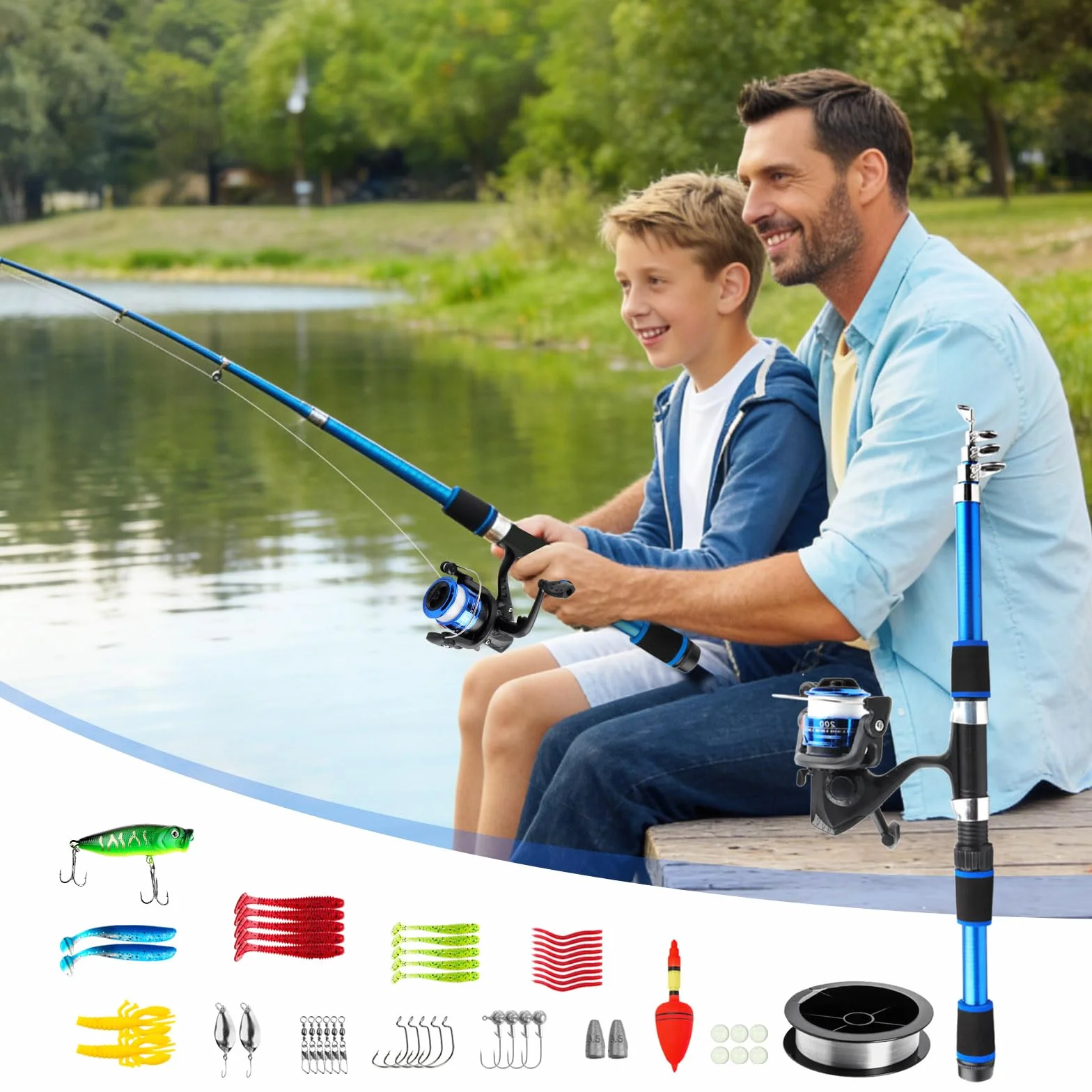 Kit Pesca Bambini 55 Pezzi Canna Telescopica 1,8m | Set Pesca Principianti con Mulinello Esche Guadino Borsa Trasporto per Bambini e Bambine da 3 Anni