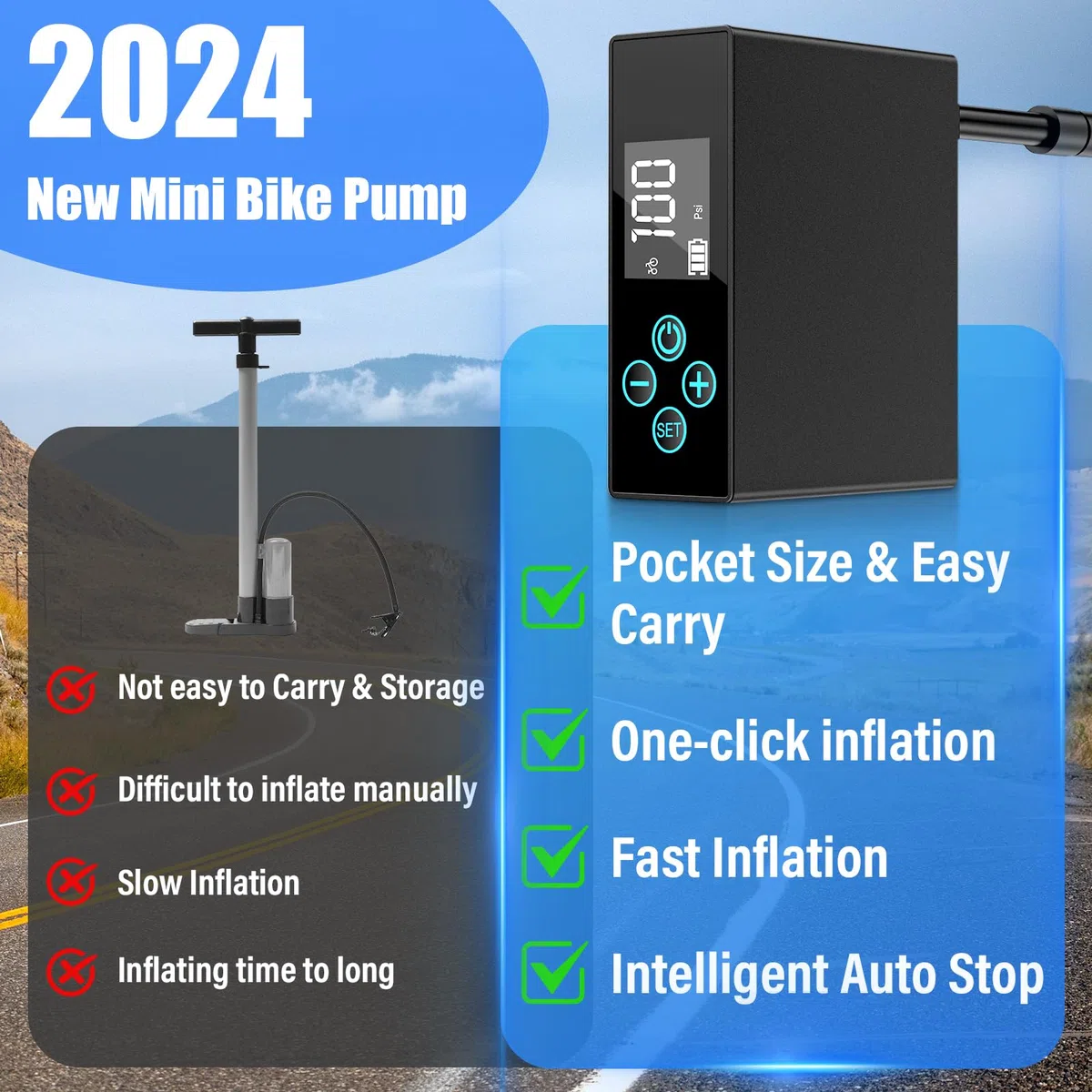 Pompa per Bicicletta Elettrica, Mini Manometro Digitale LCD per Pompa da Bici 4400 mAh, Pompa ad Aria per Bicicletta 100 PSI con Valvola Presta e Schrader per MTB, Bici da Città e Bici da Strada