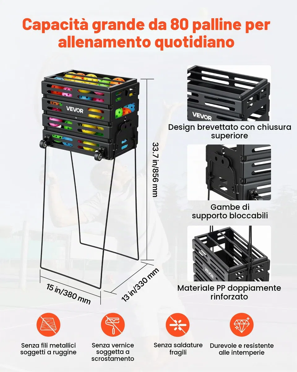 VEVOR Carrello Porta Palline da Tennis 2 in 1 con Cestello, capacità 80 Palline, con Ruote Scorrevoli e Struttura Resistente, Facile da Spostare, Contenitore Portatile per Allenamento e Pickleball