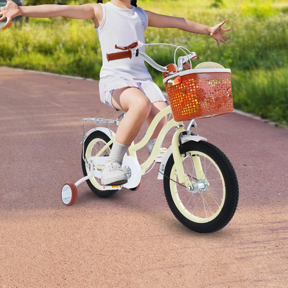 Bicicletta per bambini 14 pollici con ruote di supporto - Prima bicicletta per bambini 3-7 anni, giocattolo per esterni, sicuro e regolabile