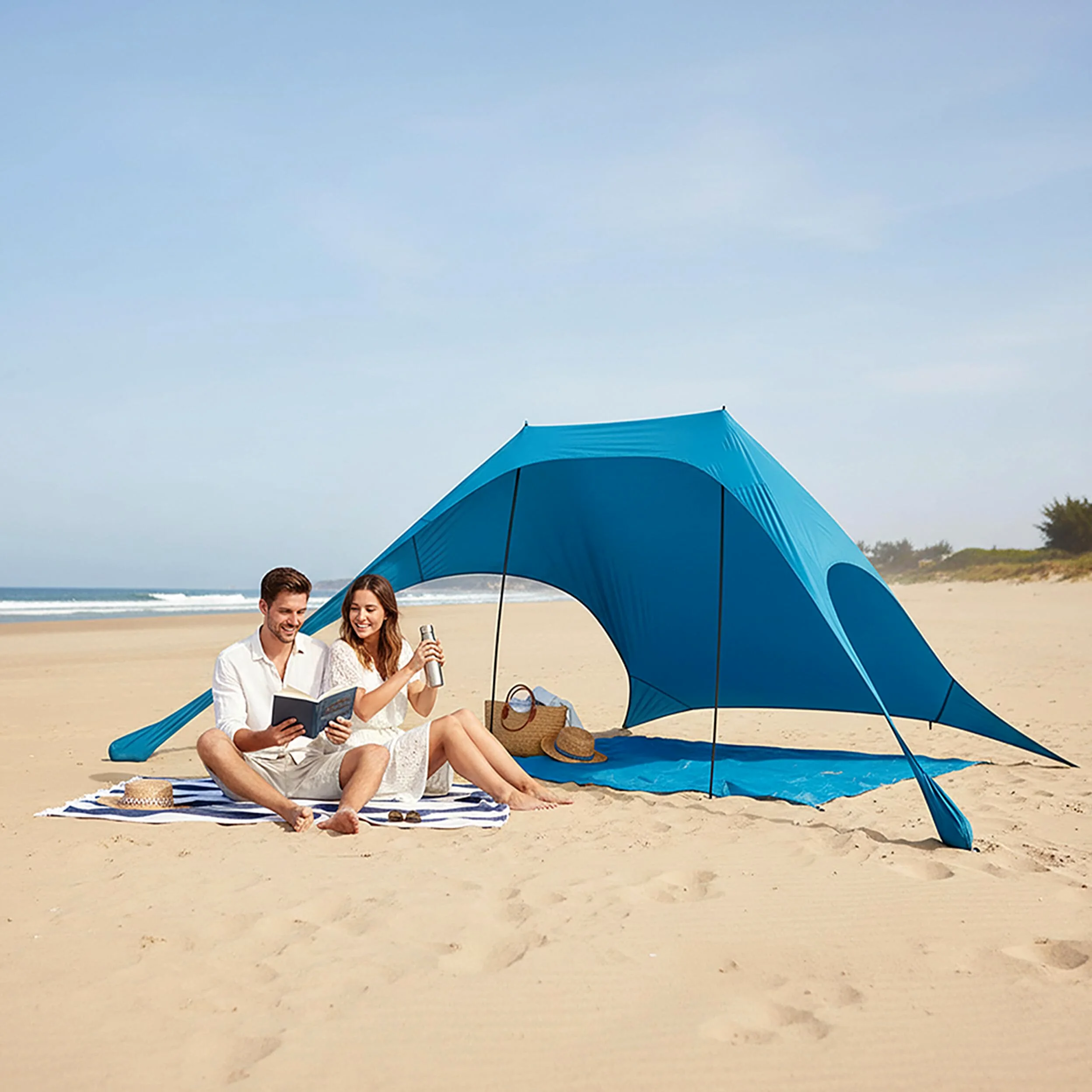 Relaxdays Tenda da Spiaggia con Protezione UV 50+, per 2-4 Persone, 200 x 210 cm, Sacca, Blu