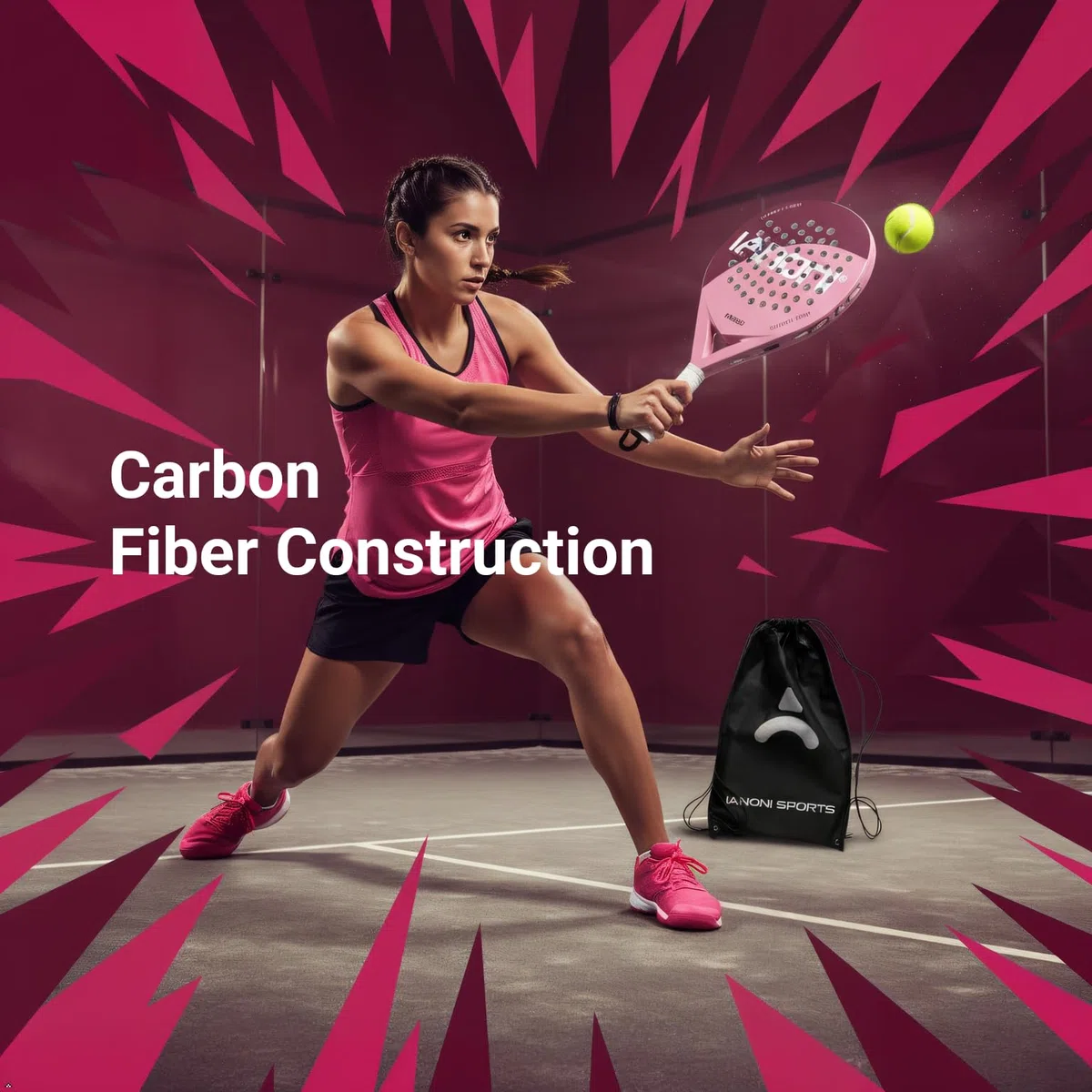 ianoni Racchetta da padel con superficie in fibra di carbonio con nucleo in schiuma EVA Memory Flex – 8500 rosa racchetta + borsa + 3 palline Pro + presa extra