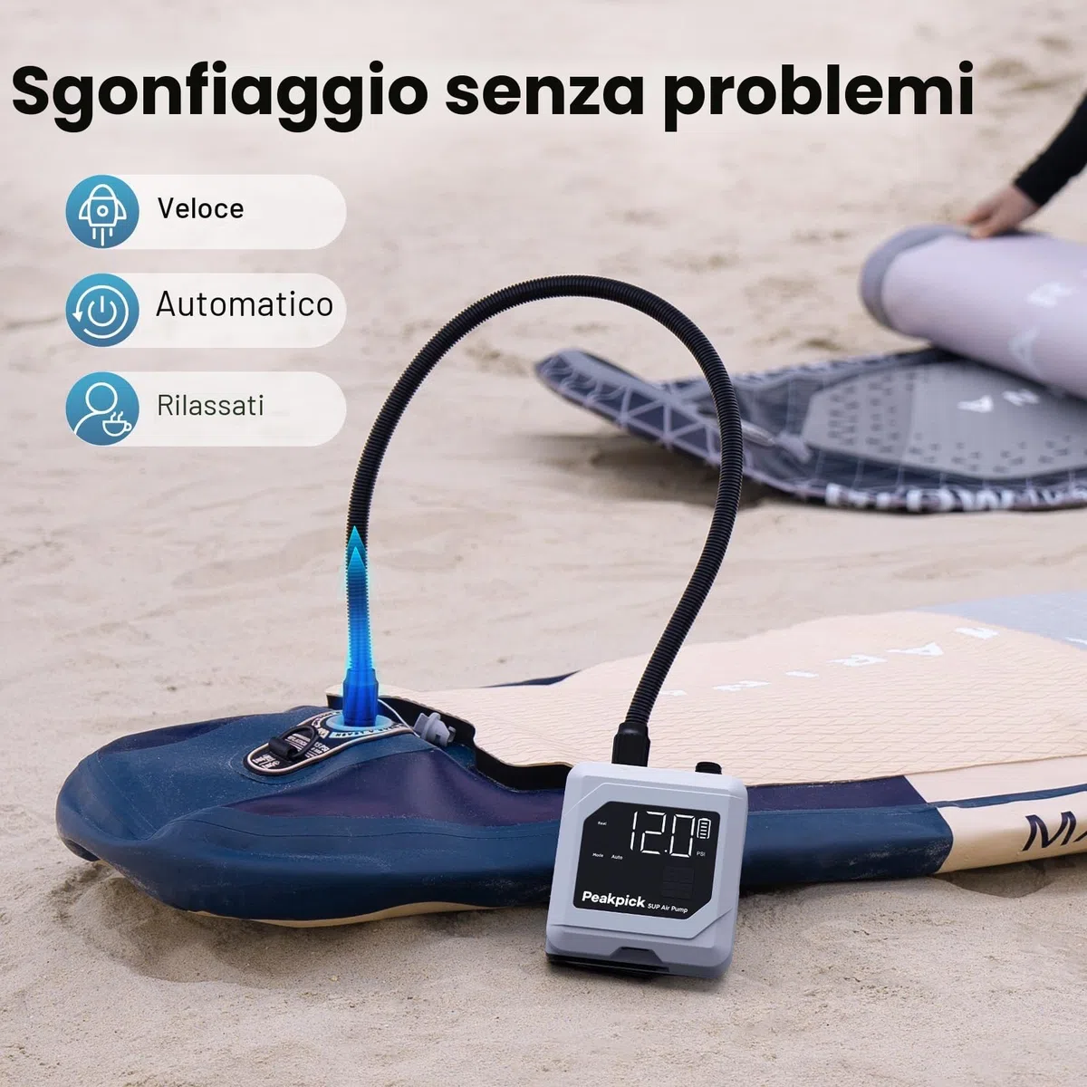Pompa elettrica da 20 psi, ricaricabile a batteria, gonfiaggio e sgonfiaggio intelligente a doppio stadio, spegnimento automatico, per stand up paddle, aquiloni da surf, tenda, materasso