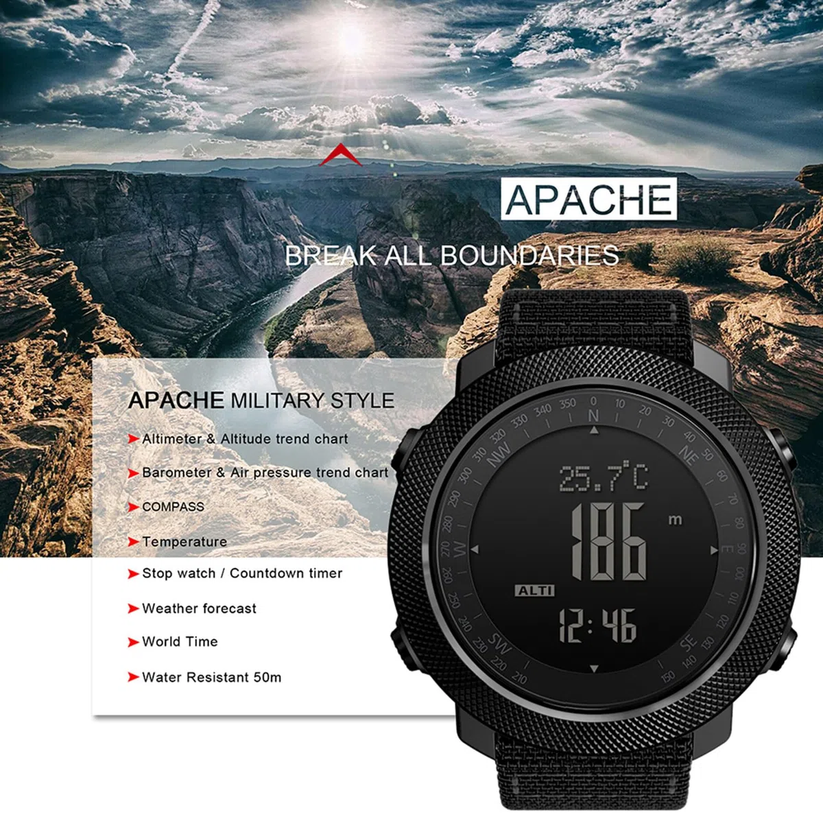Orologio Sportivo Orologio da Polso Sportivo Digitale da Esterno Altimetro Barometro Bussola Pedometro Impermeabile 50M con Termometro Ora Mondiale Previsioni Meteo